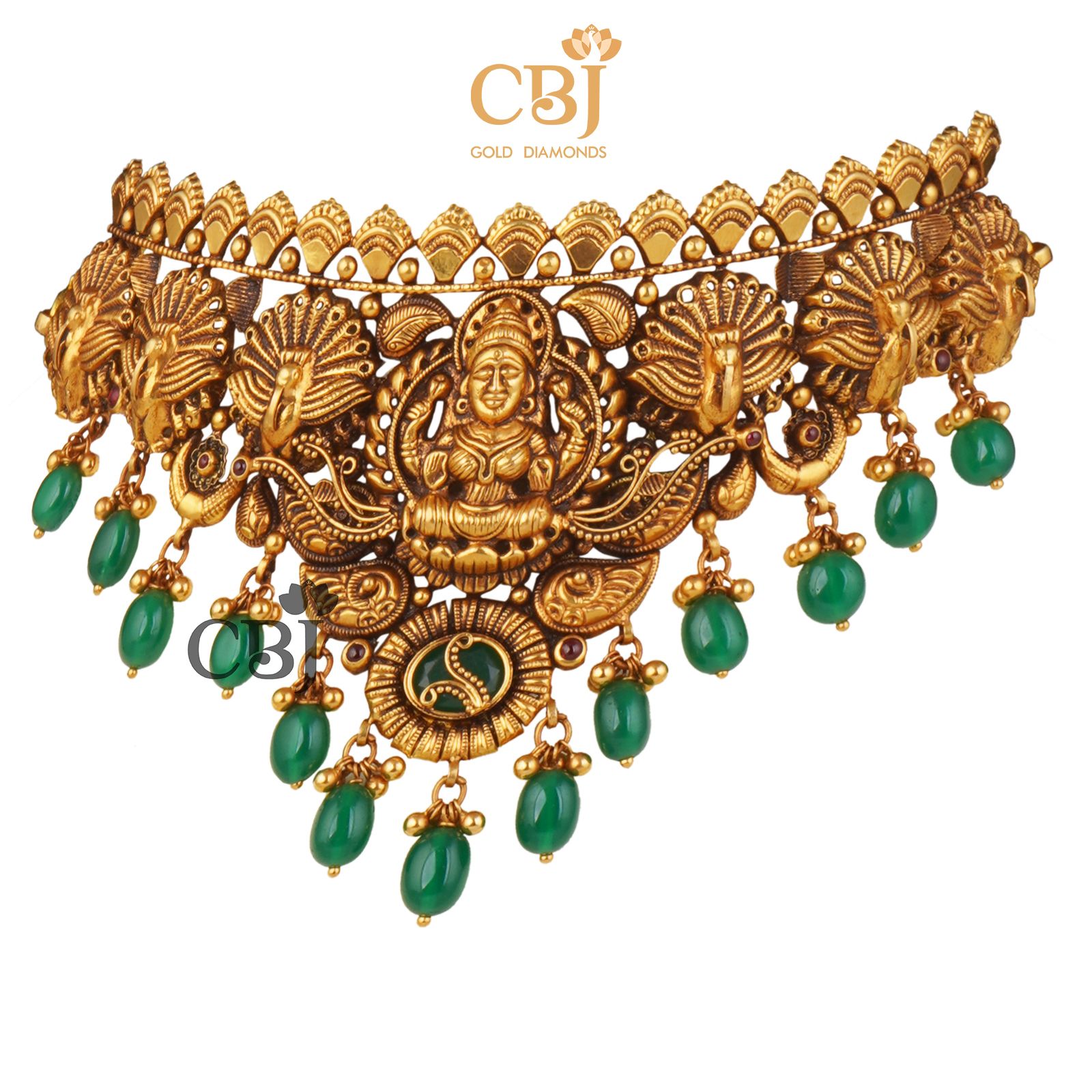 A V shaped nakashi choker suspended with emerald stones.