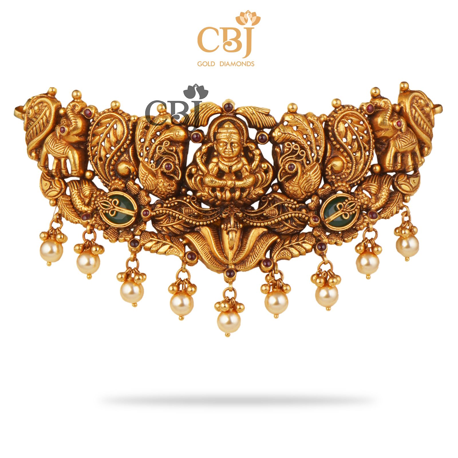 Antique Nakashi choker studded with emerald stones with pearls suspended.