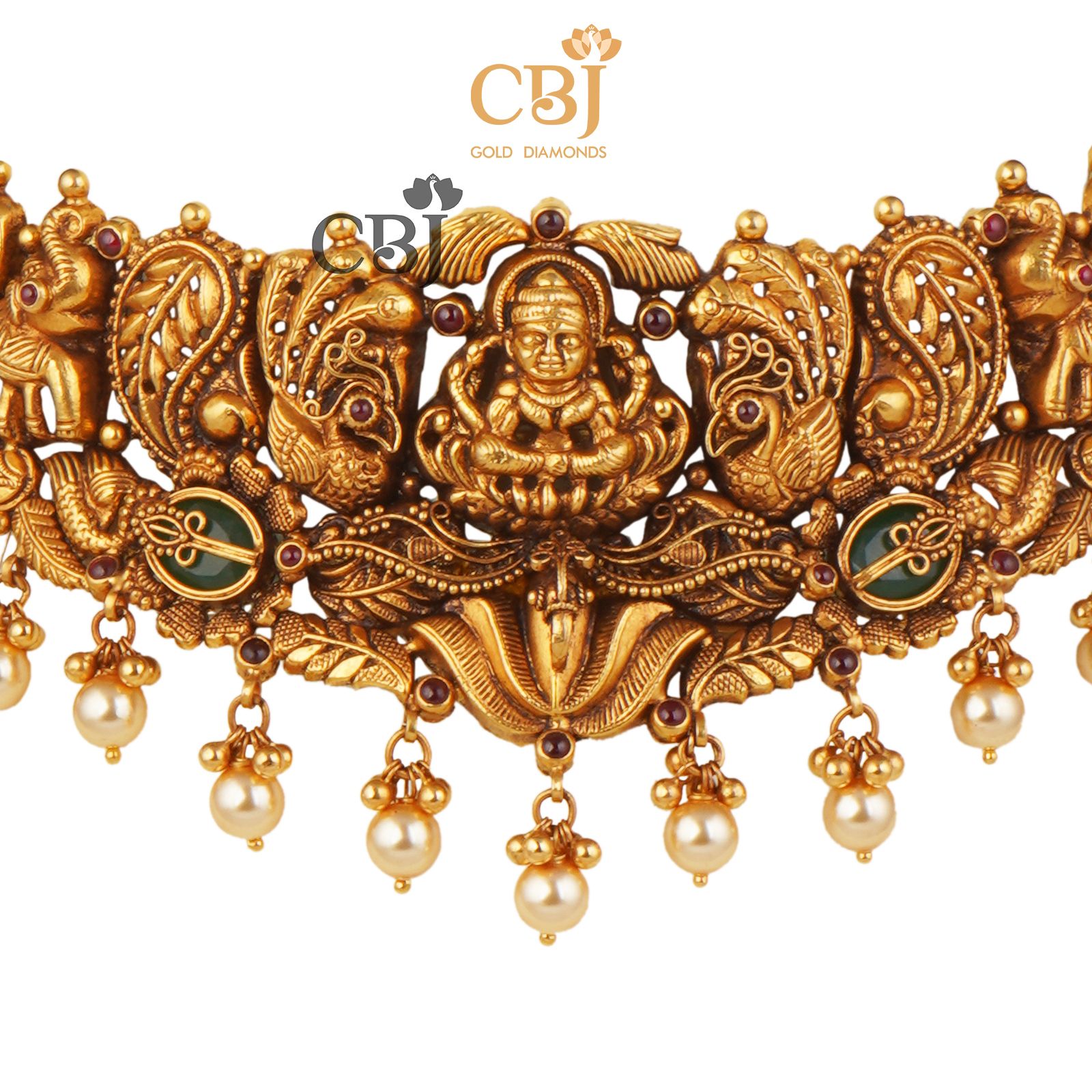 Antique Nakashi choker studded with emerald stones with pearls suspended.