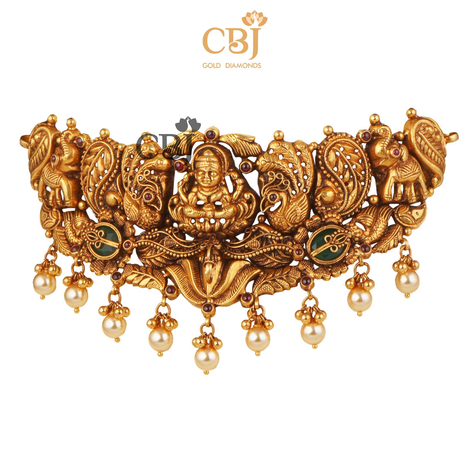 Antique Nakashi choker studded with emerald stones with pearls suspended.