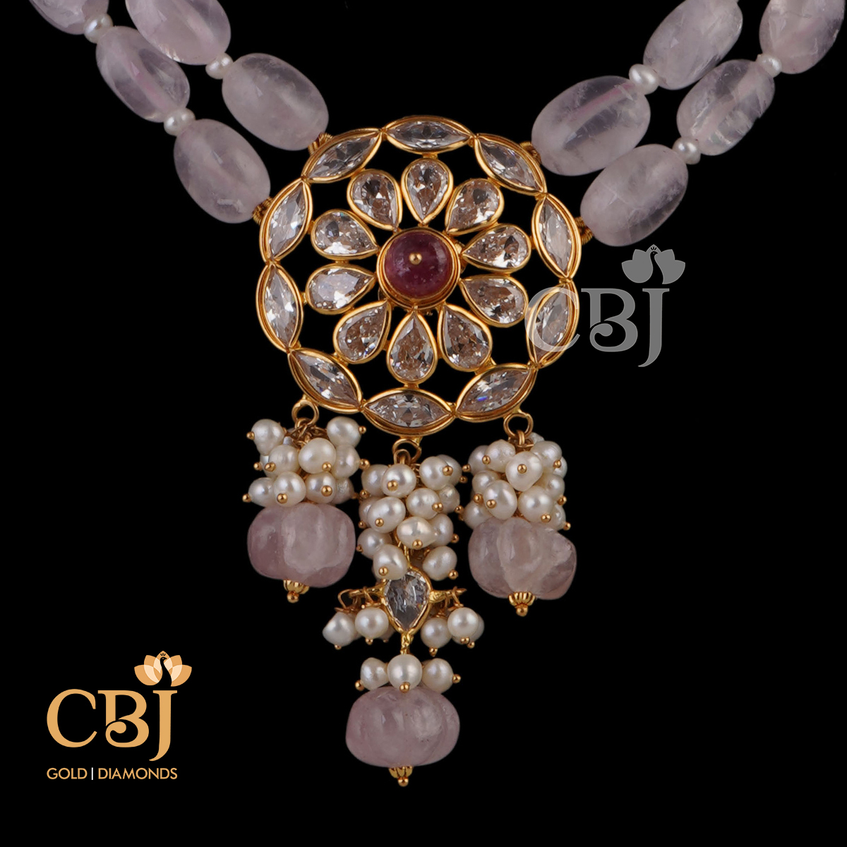 An ultra light weight necklace featuring rubies and pearls.