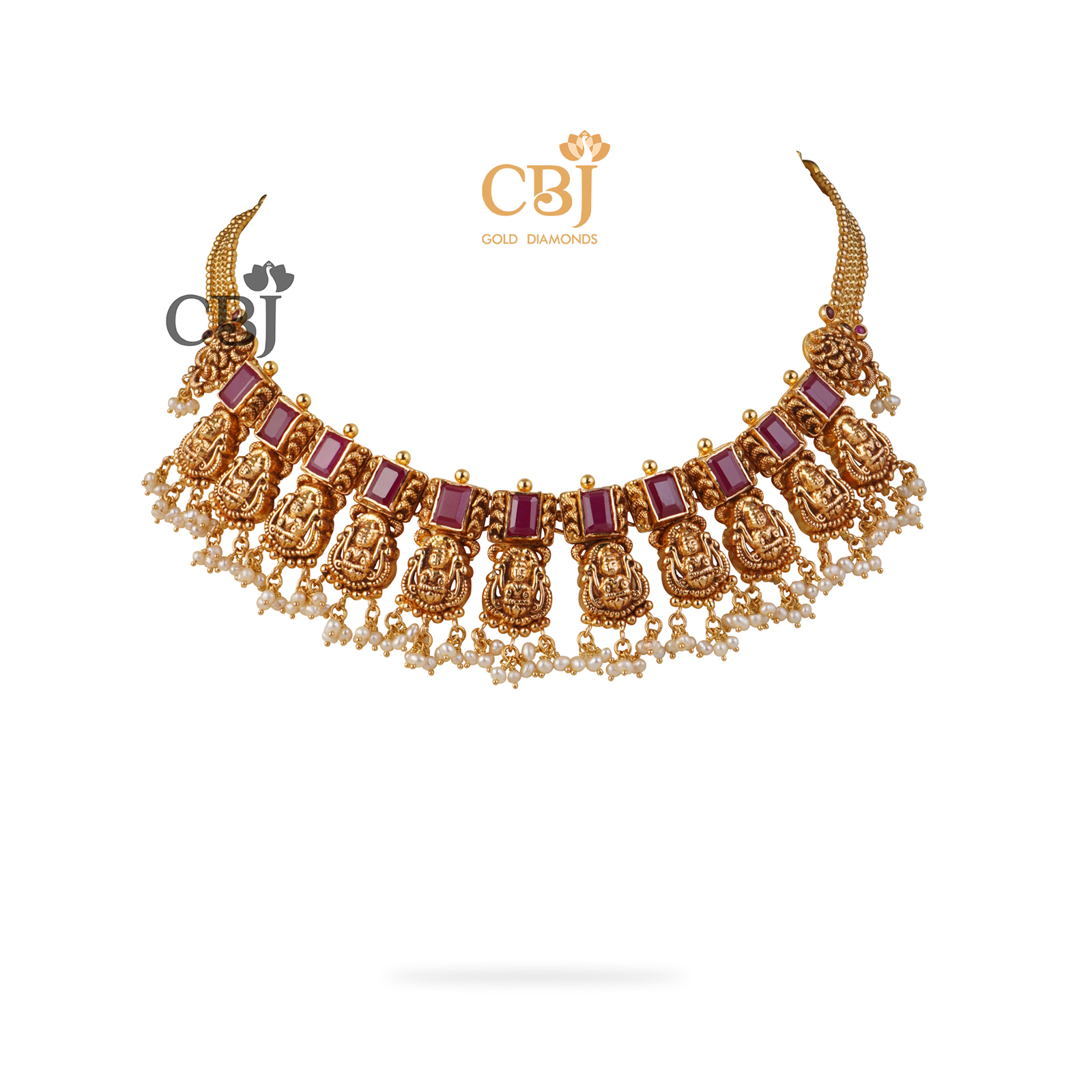 A stunning slender antique ruby onyx Lakshmi necklace perfect for ethnic wear.
