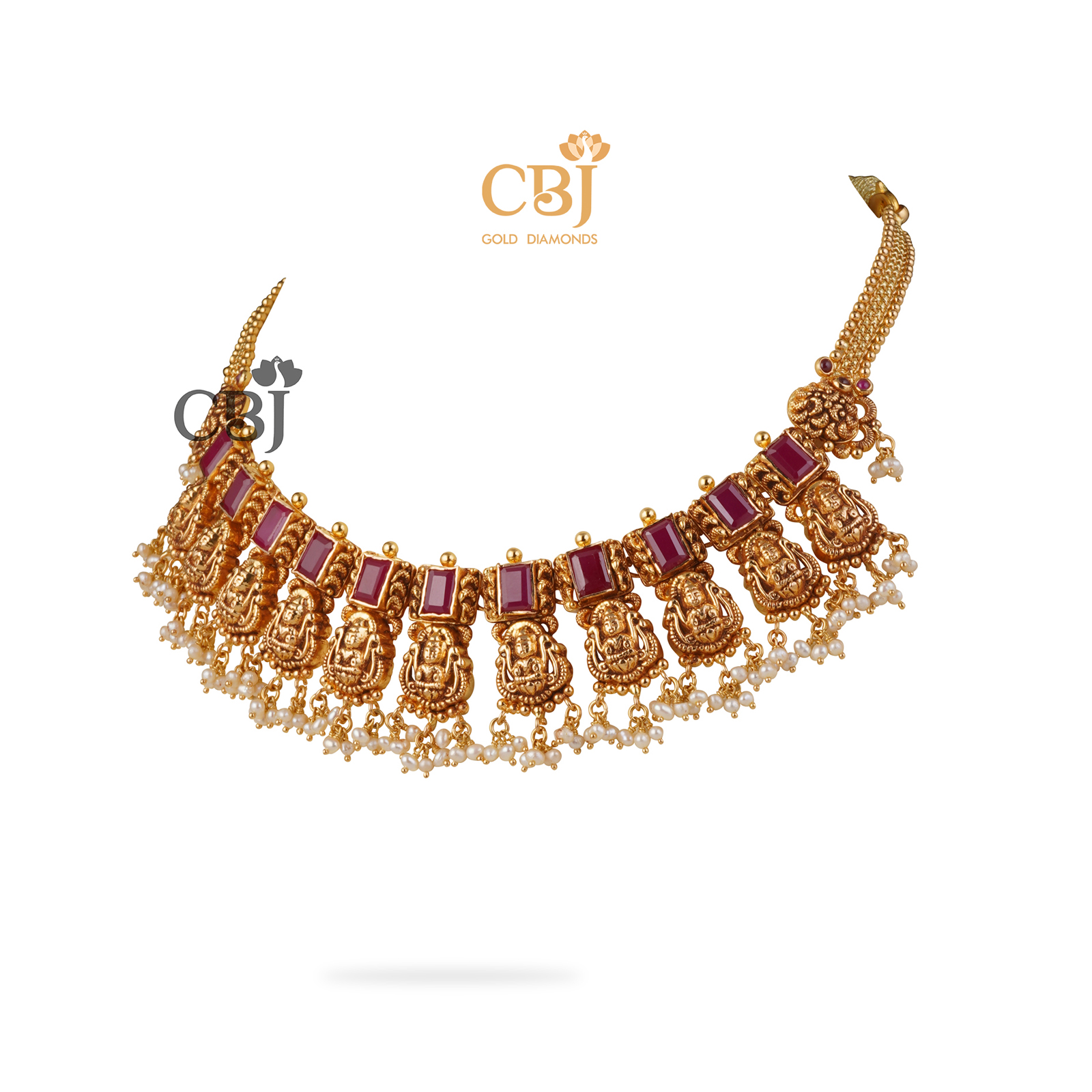 A stunning slender antique ruby onyx Lakshmi necklace perfect for ethnic wear.