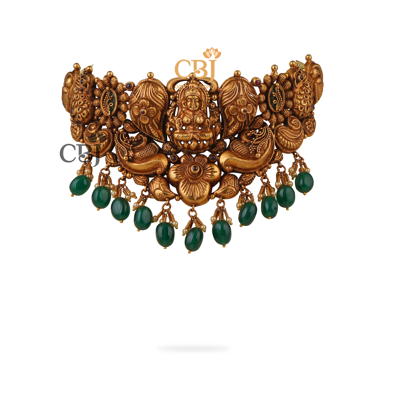Divine nakashi antique choker featuring emerald drops.