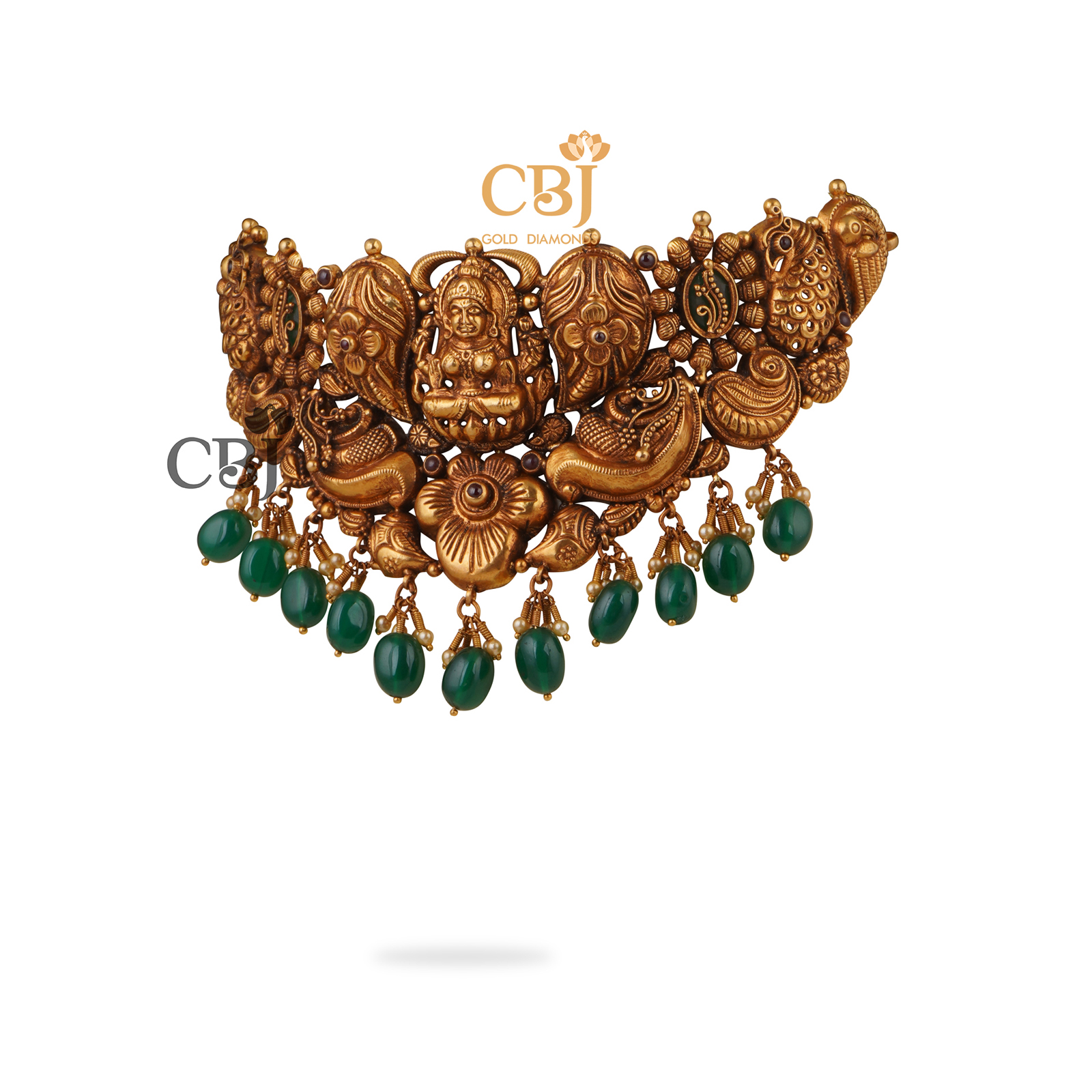 Divine nakashi antique choker featuring emerald drops.