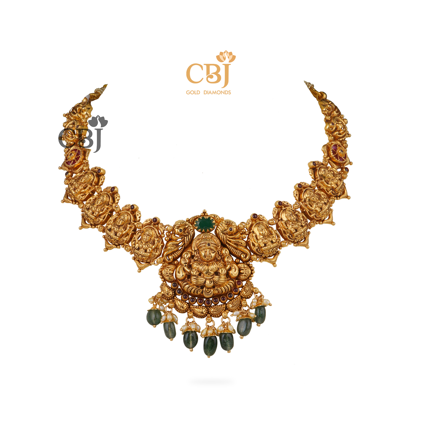 Antique nakashi necklace featuring emerald drops with micro-pearls.