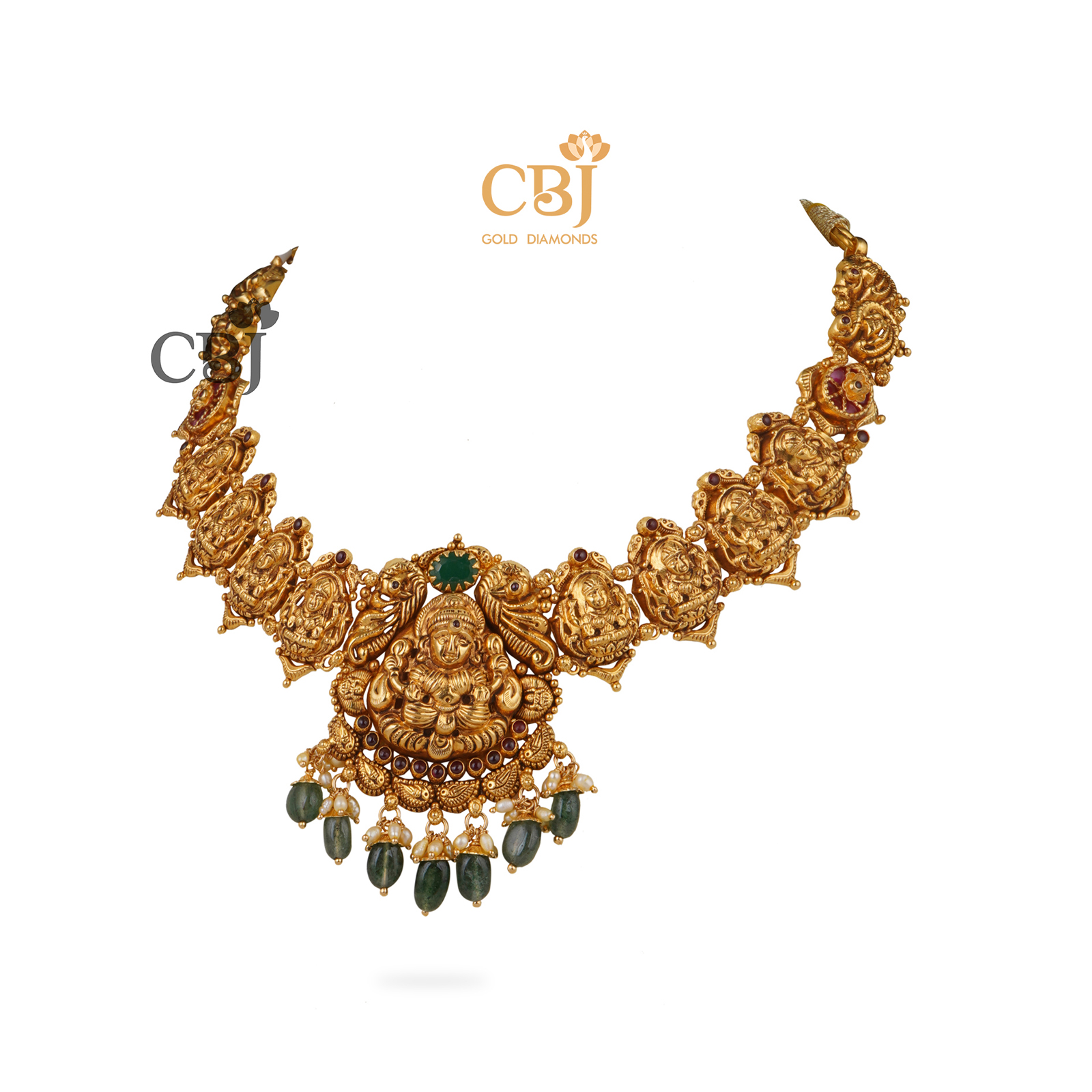 Antique nakashi necklace featuring emerald drops with micro-pearls.