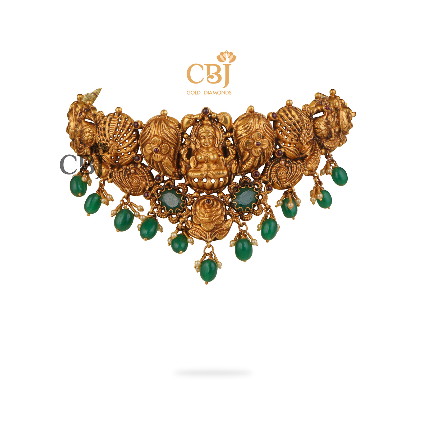 Antique nakashi choker suspended with emerald drops.