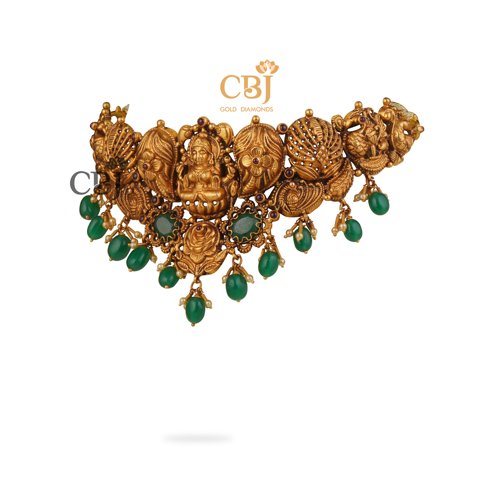 Antique nakashi choker suspended with emerald drops.