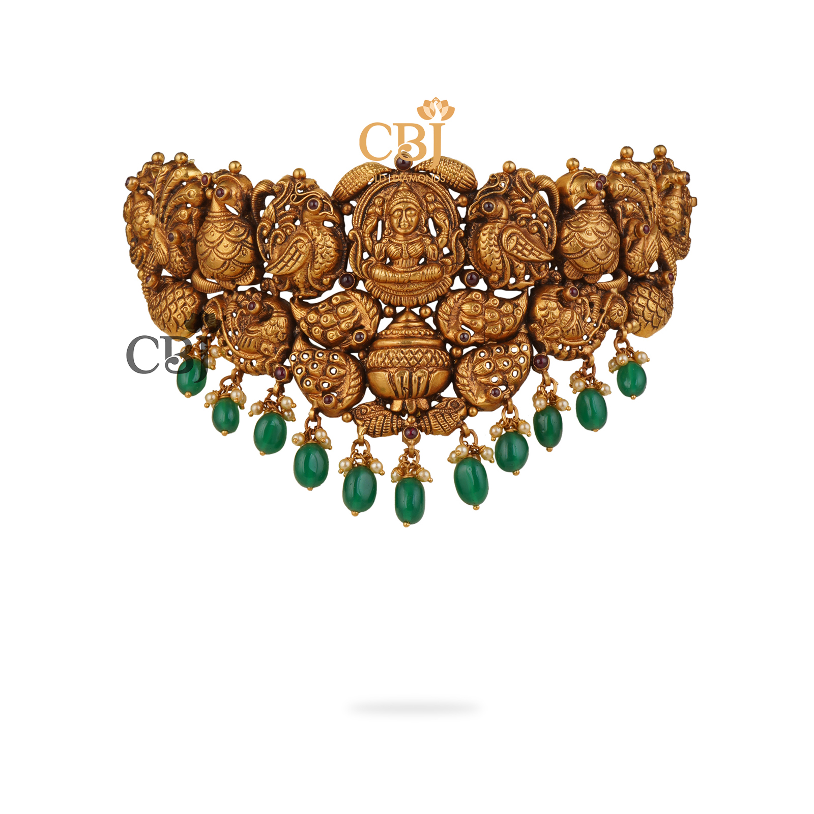 Antique nakashi choker suspended with emerald drops.