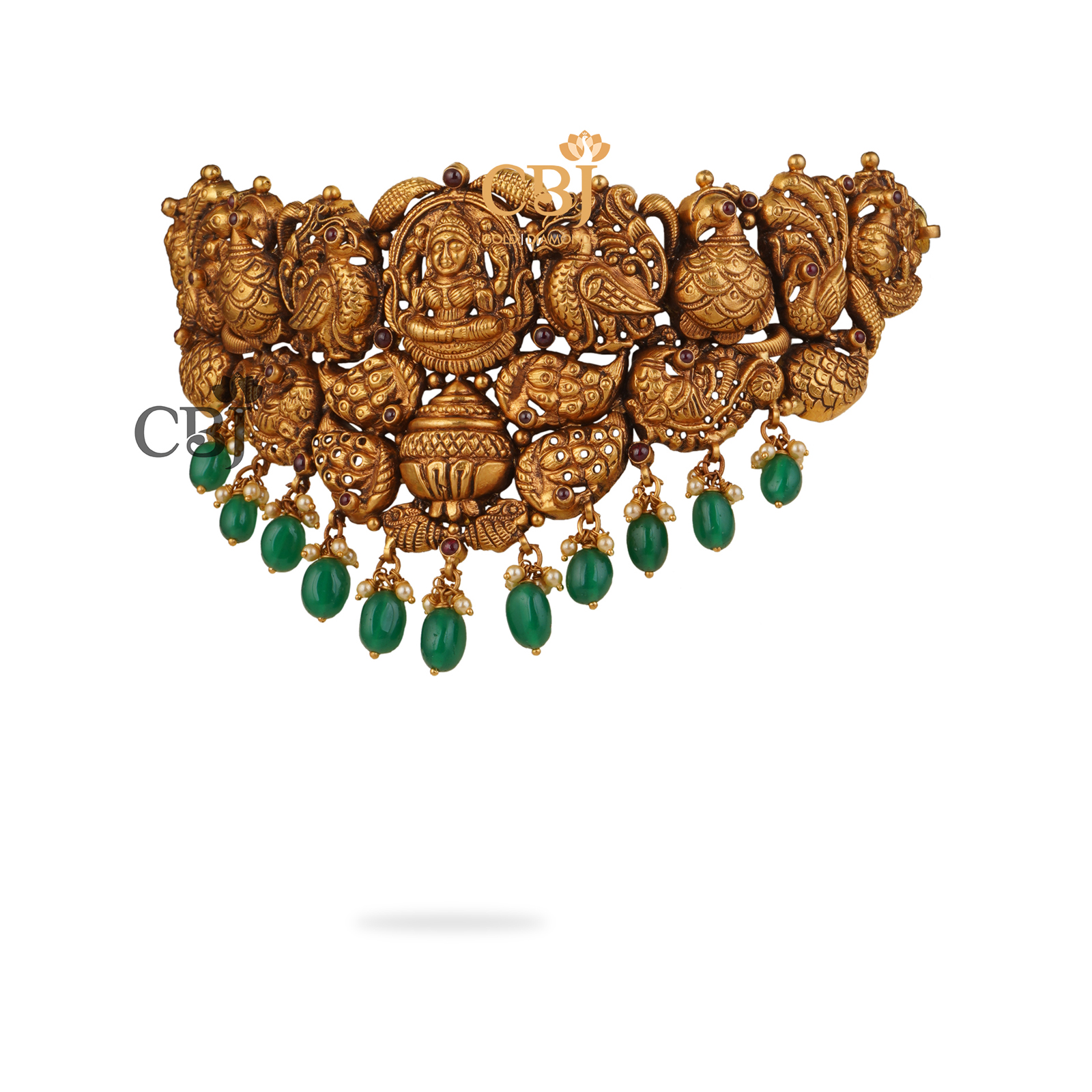 Antique nakashi choker suspended with emerald drops.