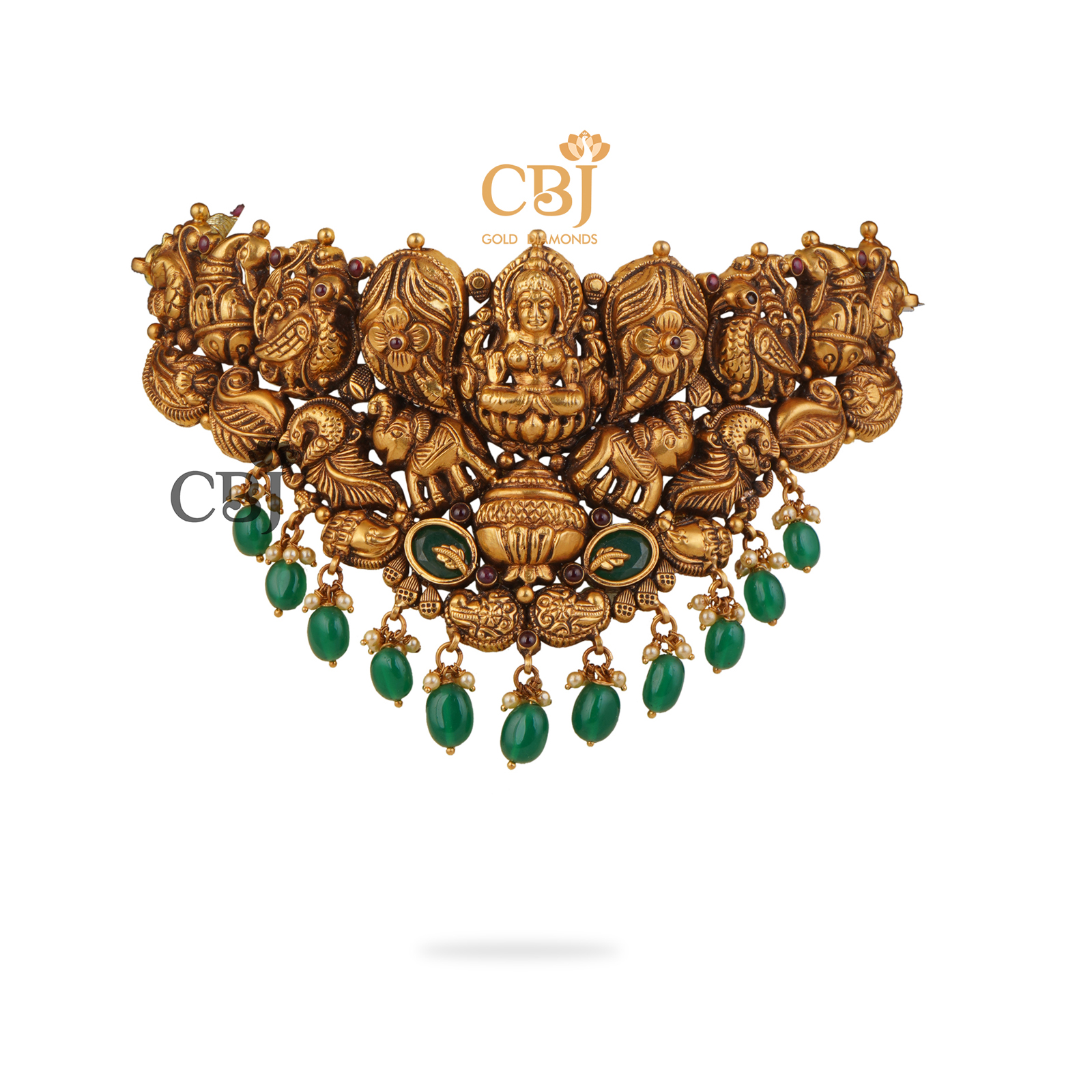 Antique nakashi choker featuring a Lakshmi design suspended with emerald drops.
