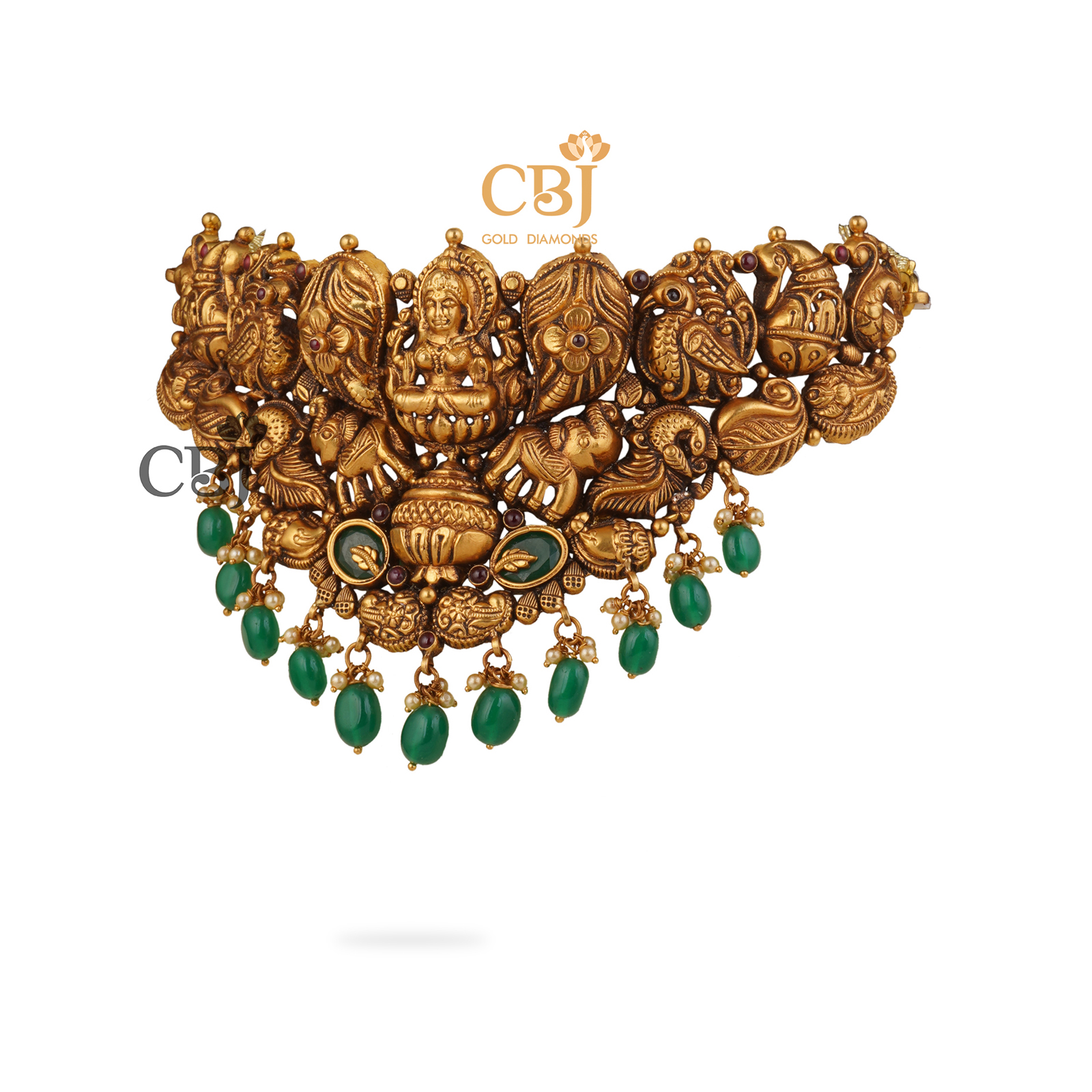 Antique nakashi choker featuring a Lakshmi design suspended with emerald drops.