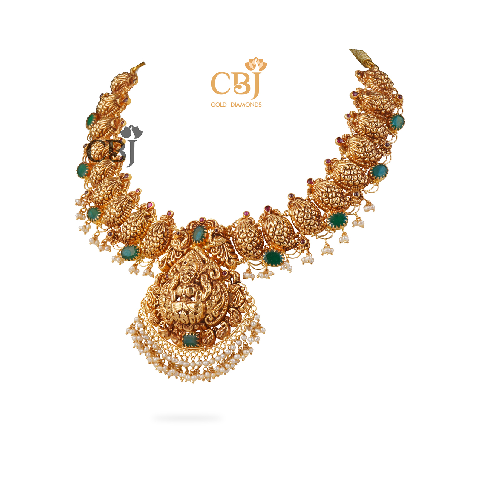 An antique nakashi necklace featuring a Lakshmi centrepiece decorated with micro-pearls.