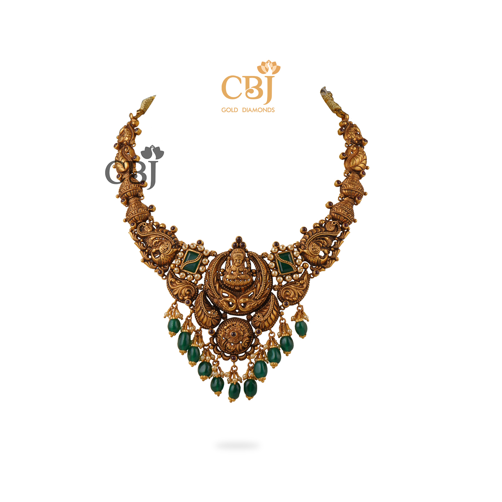 Antique nakashi necklace studded with emerald drops.