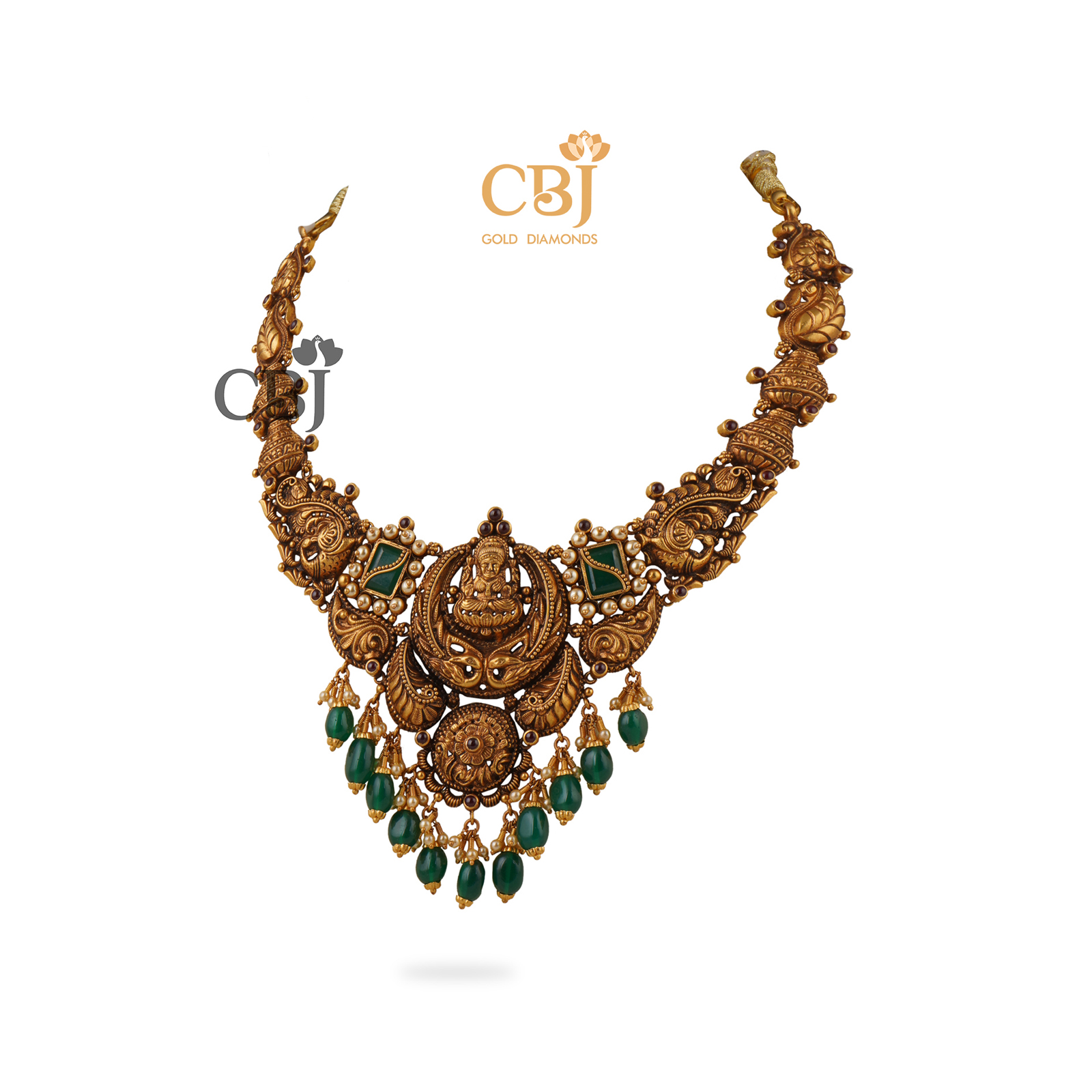 Antique nakashi necklace studded with emerald drops.