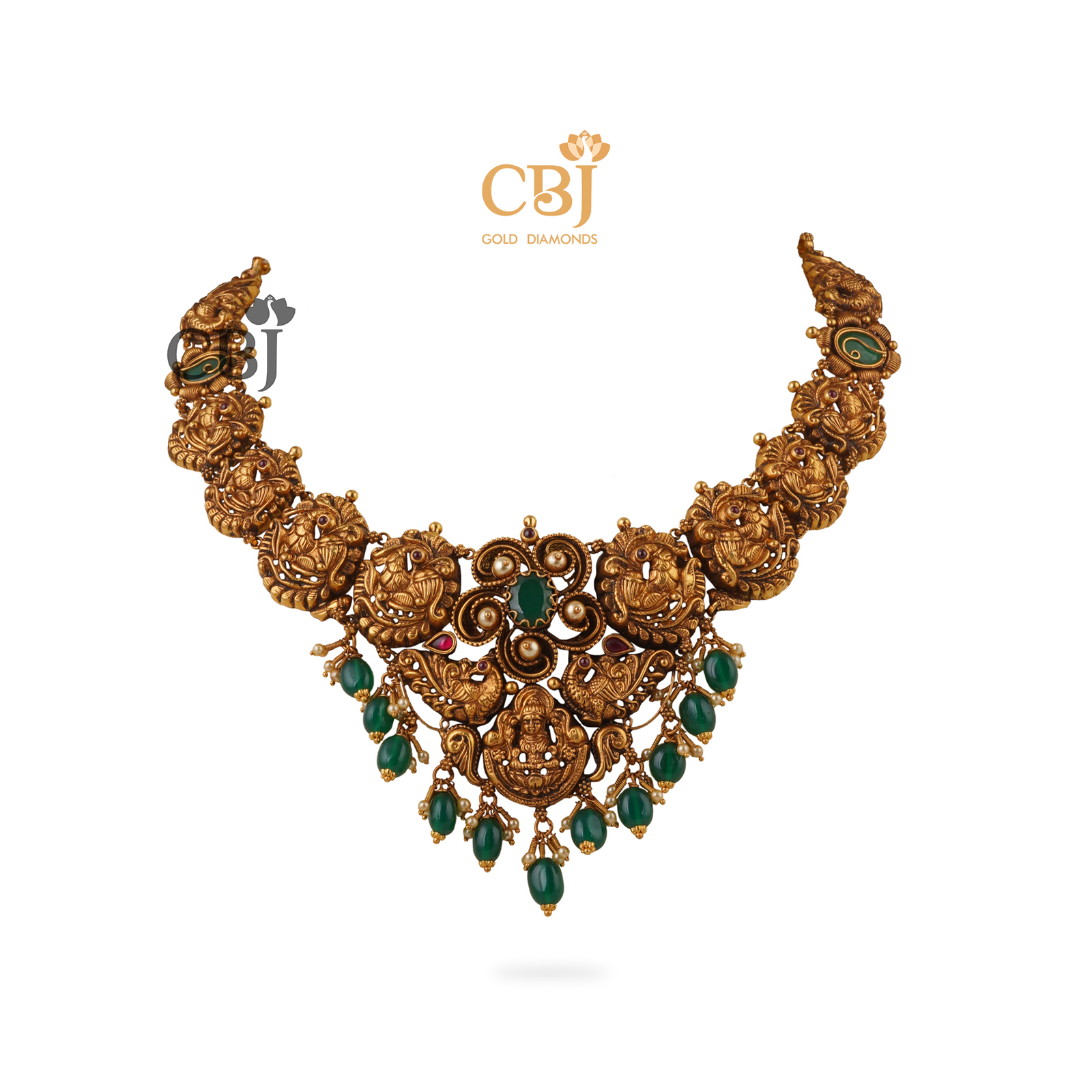 Unique and antique. A stunning nakashi short necklace with suspended emerald drops.