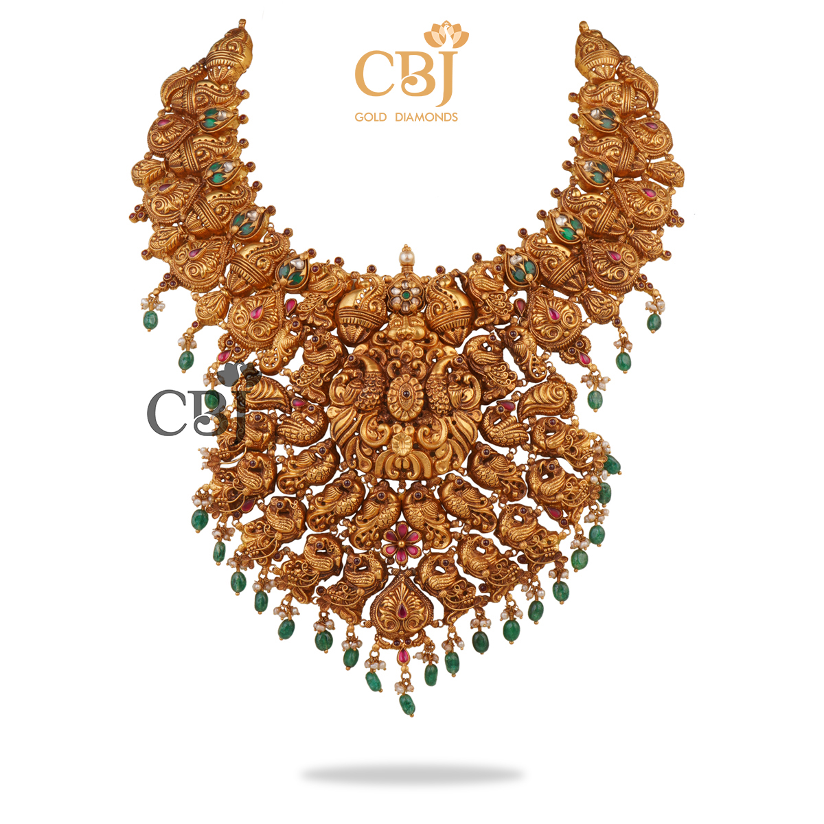 Peacock deep nakas necklace featuring rubies, emeralds and micro-pearls.