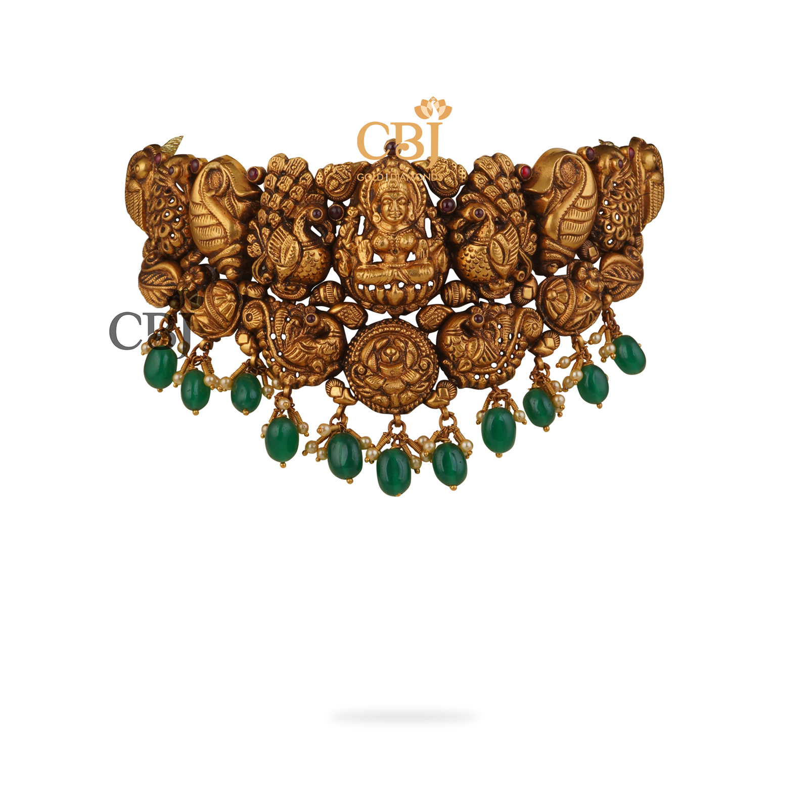 A deep nakas choker featuring a heavy antique design with emerald stones.