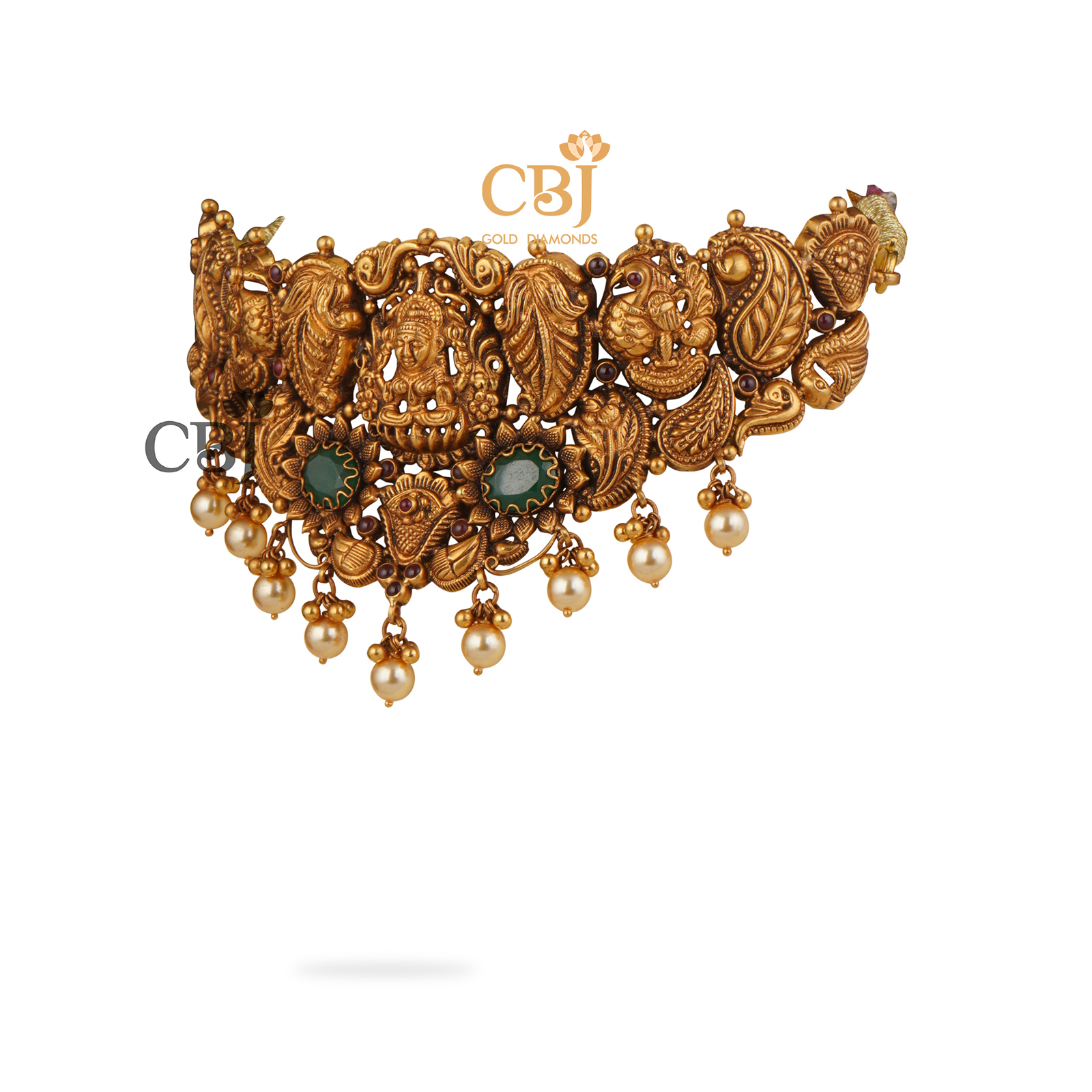 Antique nakashi choker highlighted by two stunning emerald stones and suspended emeralds.