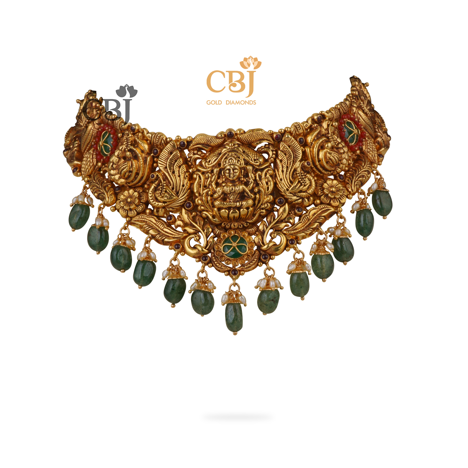 Antique nakashi choker suspended with micro pearls and emerald stones.