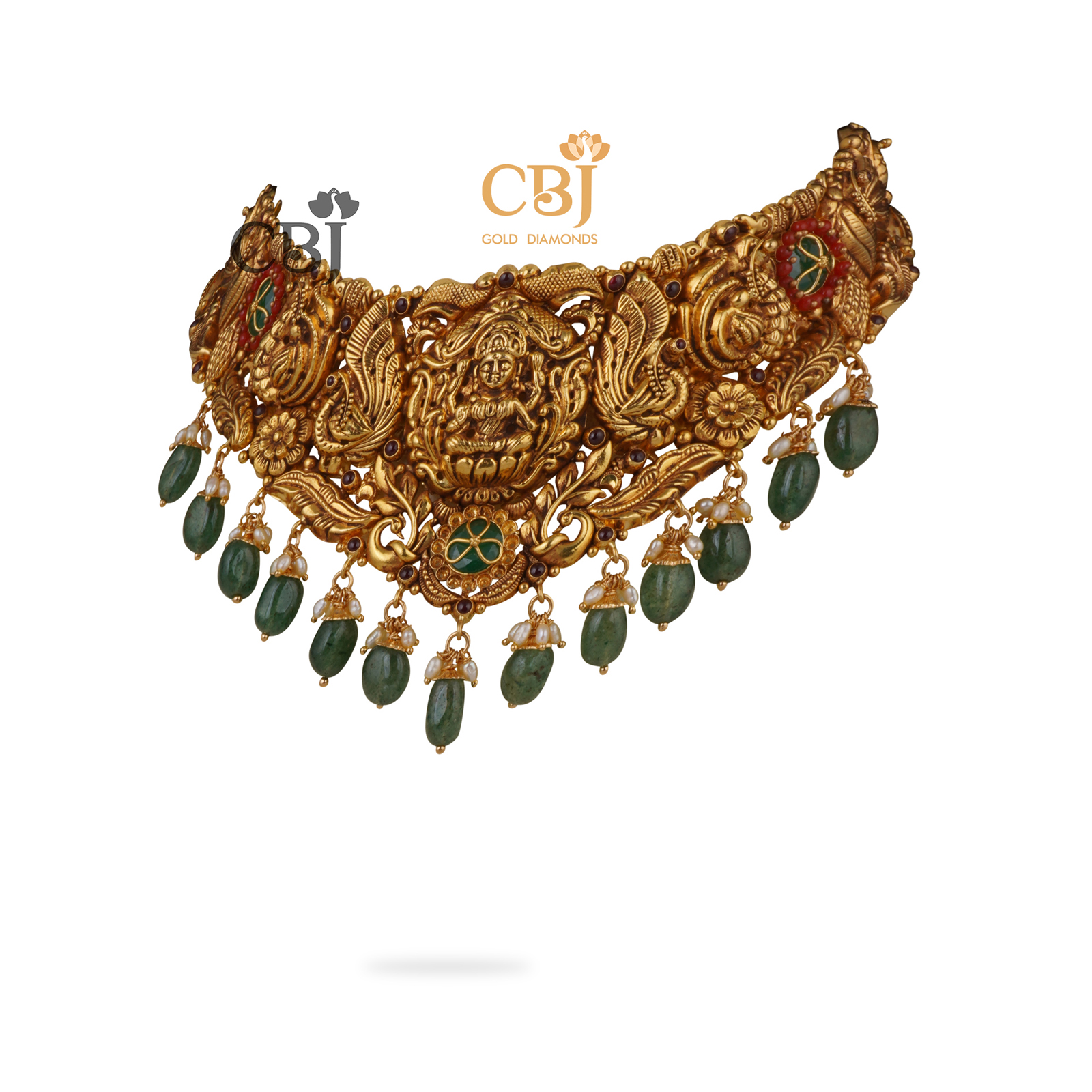 Antique nakashi choker suspended with micro pearls and emerald stones.