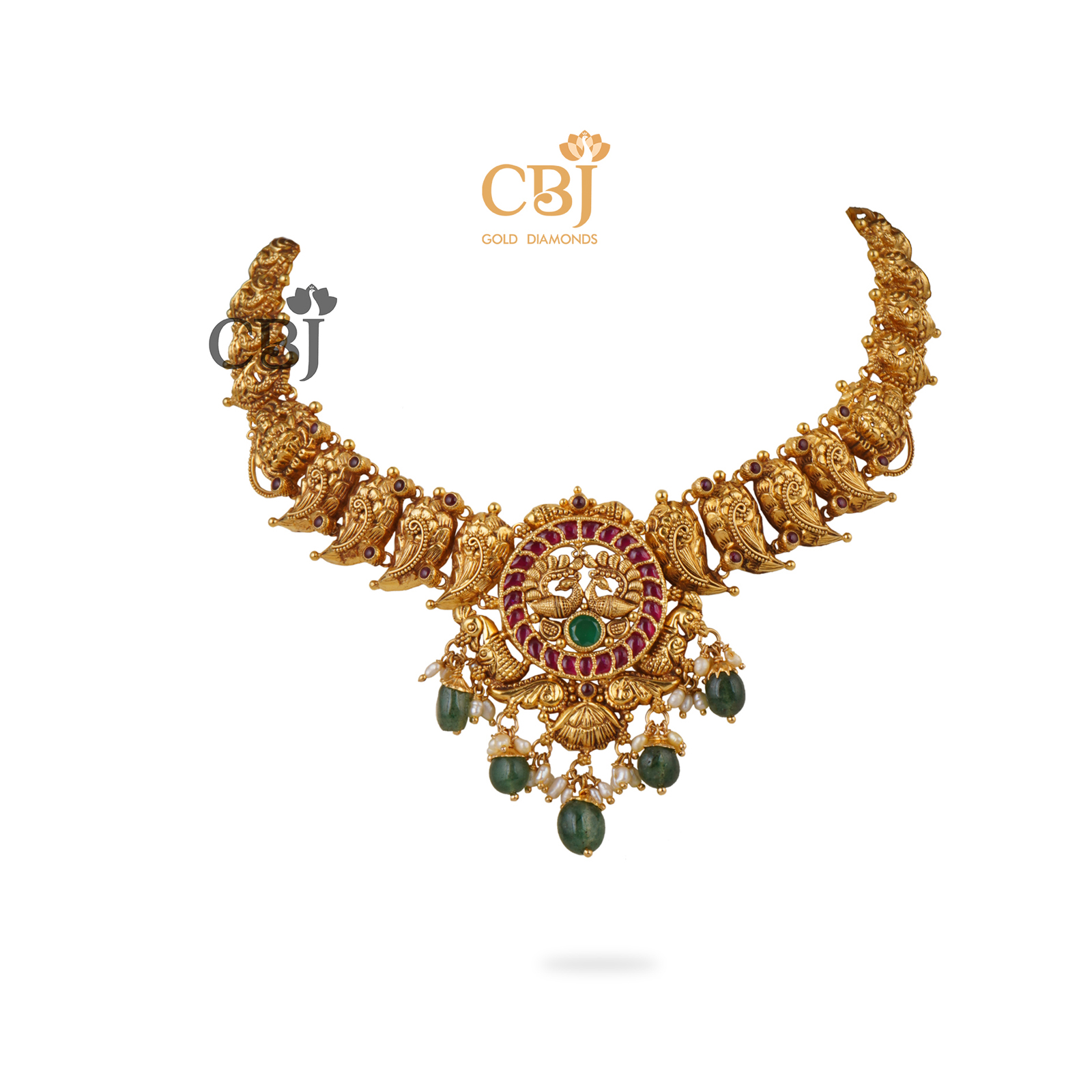 Peacock motifs surrounded by kemp stones makes this antique necklace one of a kind.