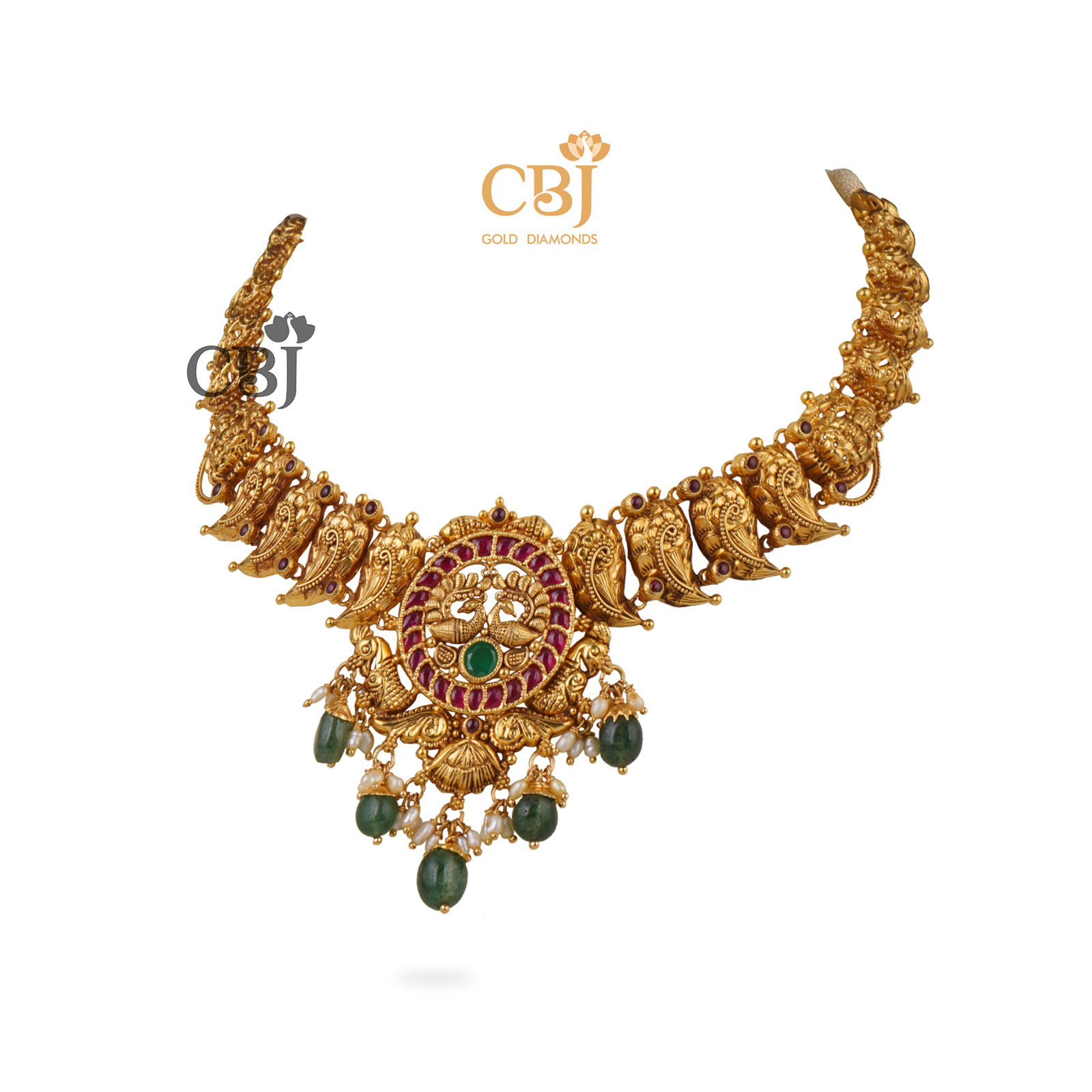 Peacock motifs surrounded by kemp stones makes this antique necklace one of a kind.