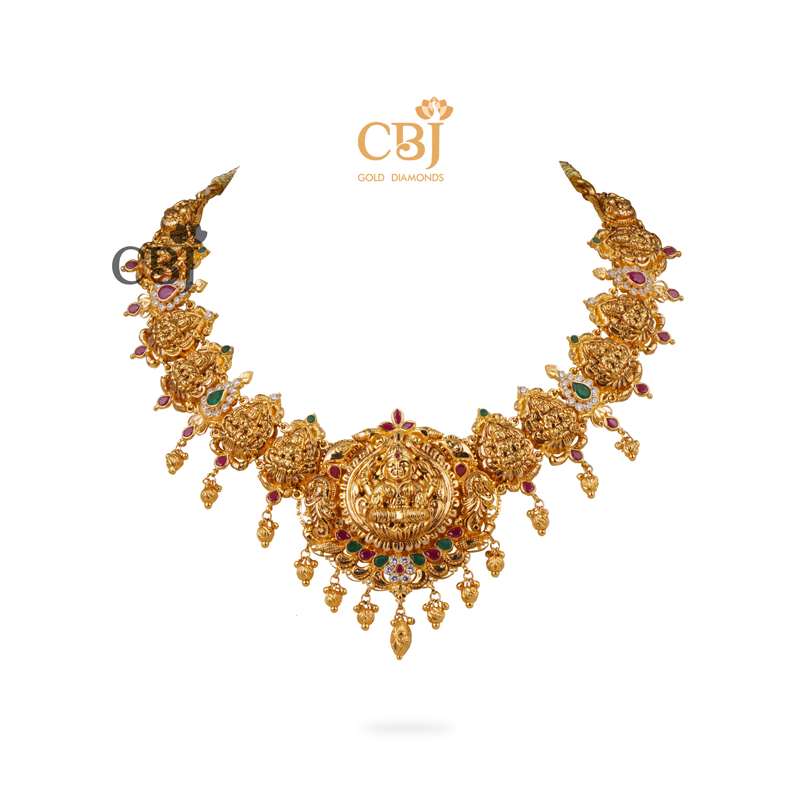 A light weight short necklace enhanced with ruby and emerald stones.