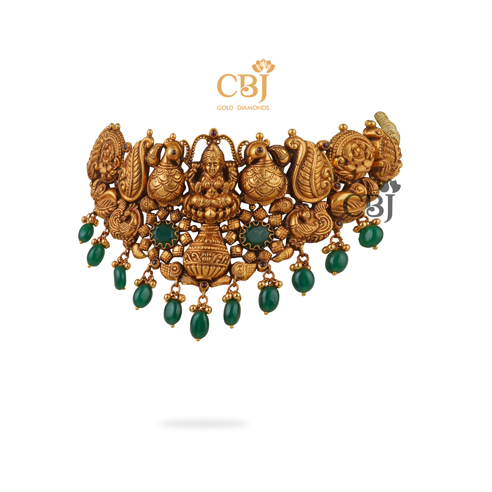 Antique nakashi choker featuring peacock motifs decorated with emerald stones.