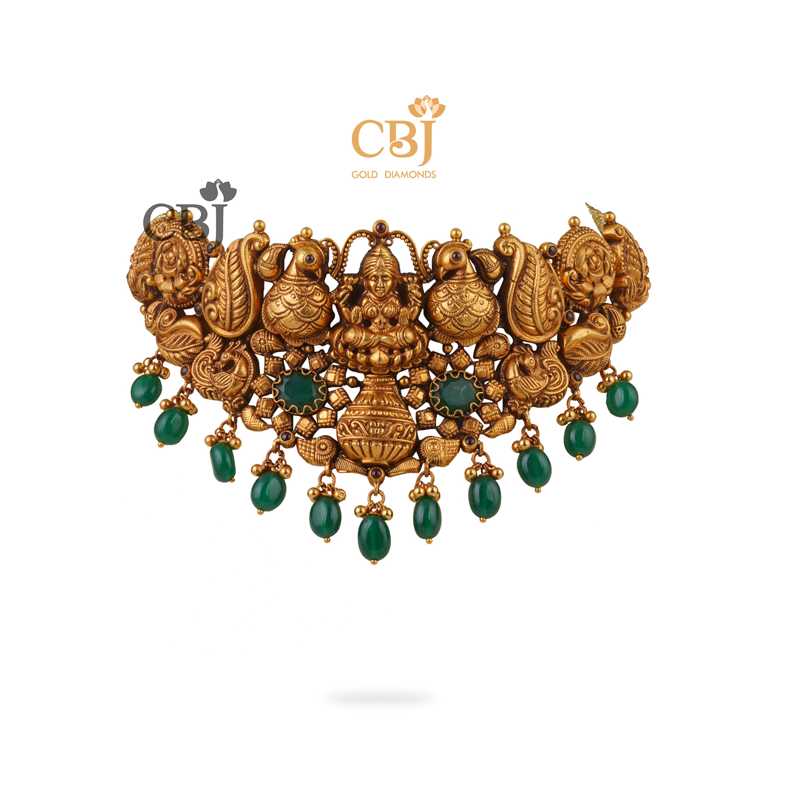 Antique nakashi choker featuring peacock motifs decorated with emerald stones.