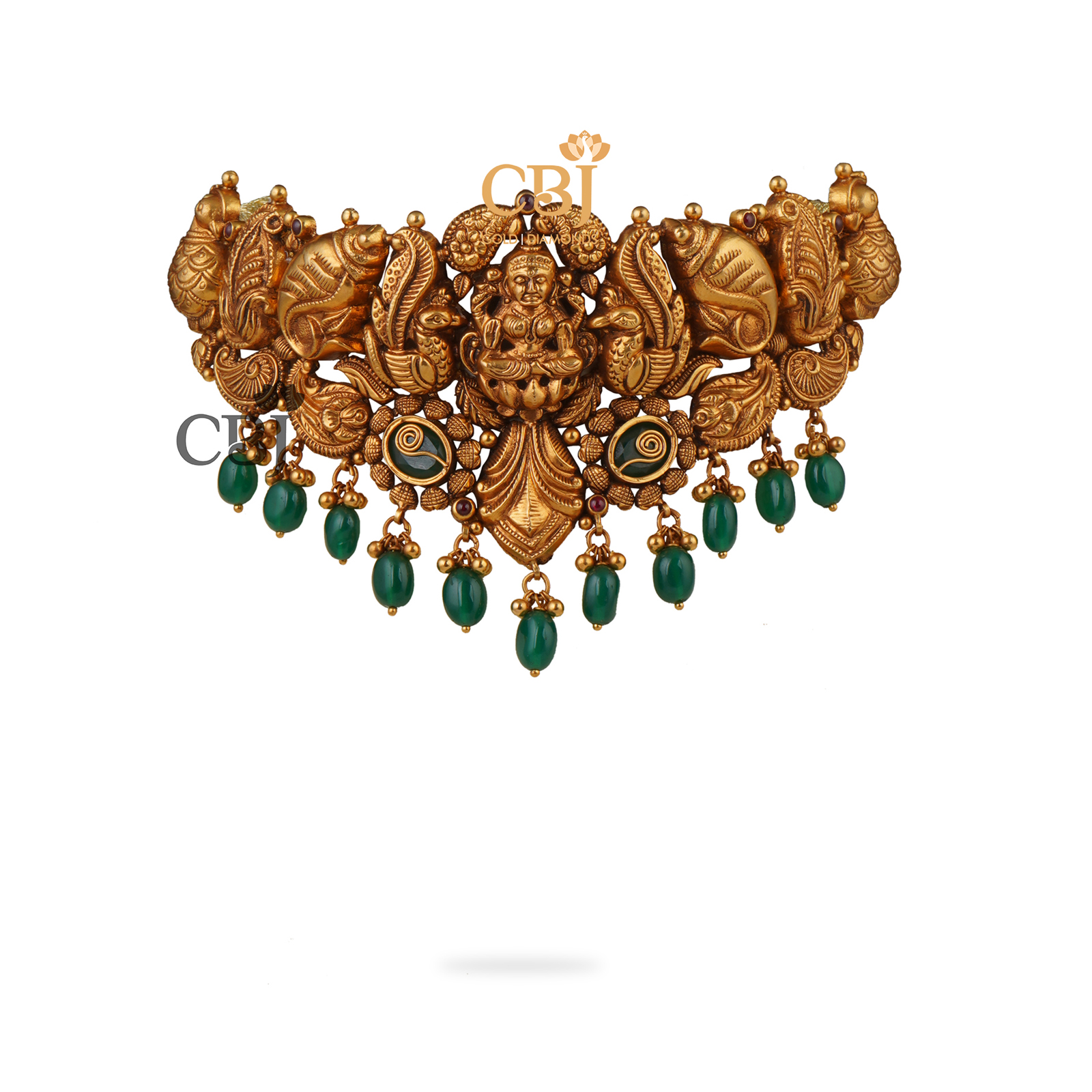 A traditional antique nakashi choker featuring suspended emerald stones.