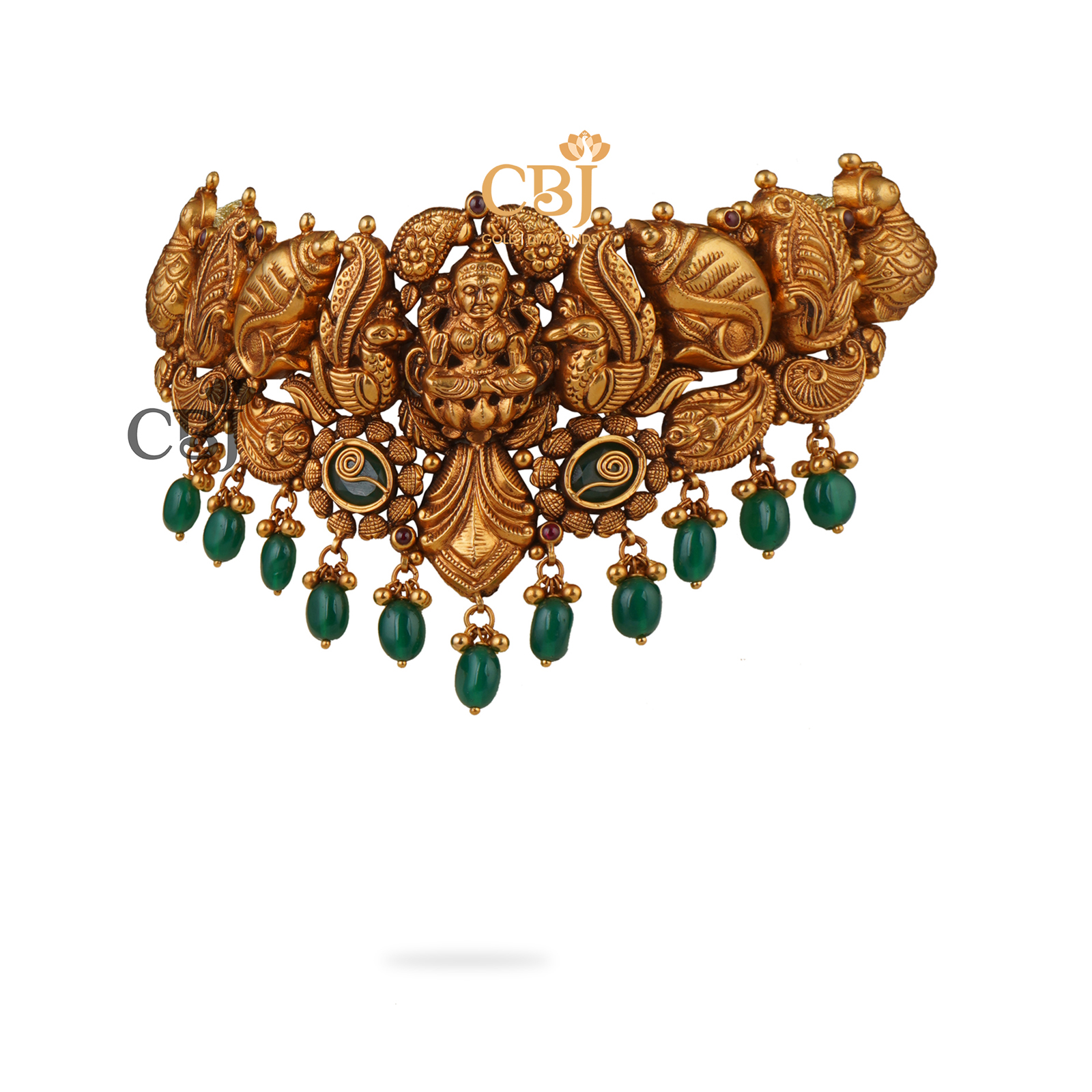 A traditional antique nakashi choker featuring suspended emerald stones.