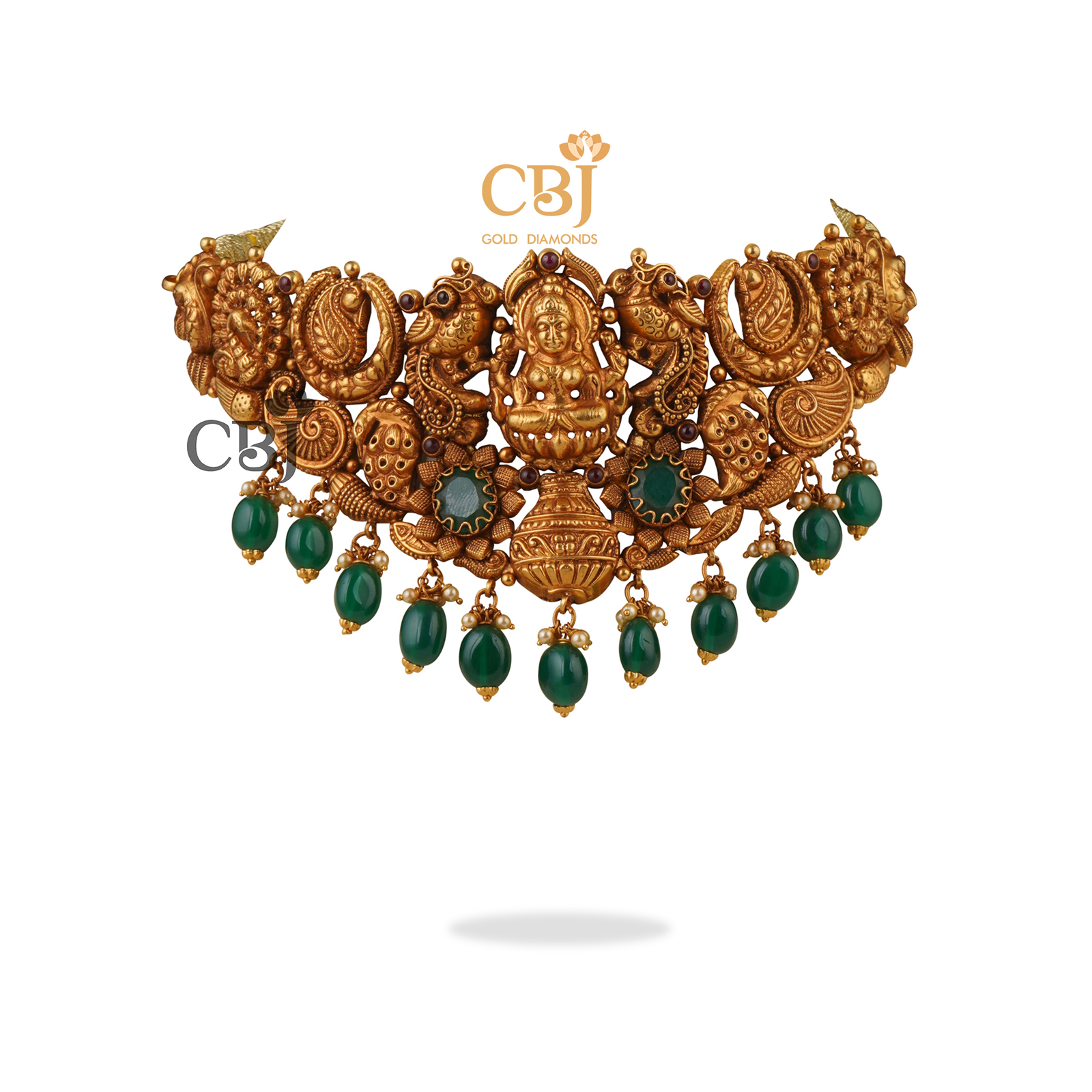 Bold beautiful nakashi choker featuring emerald drops.
