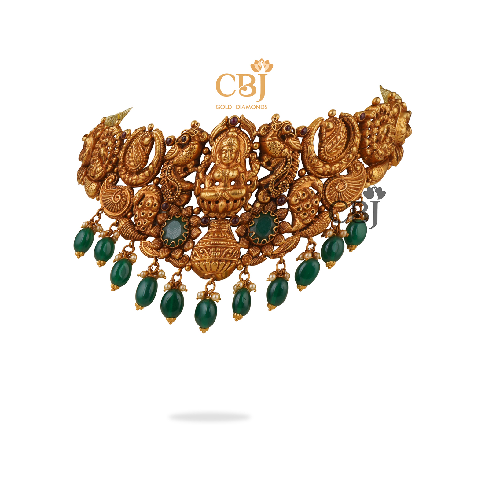 Bold beautiful nakashi choker featuring emerald drops.