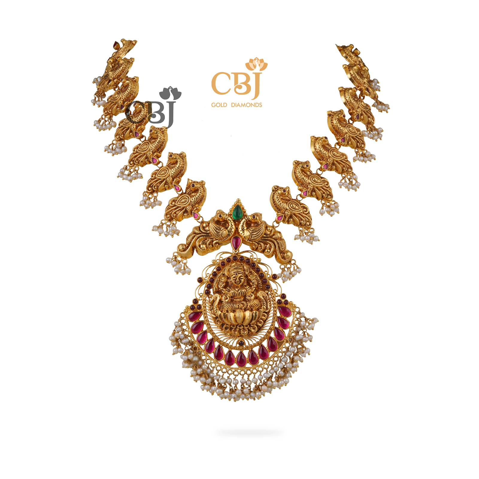 Antique light weight necklace featuring peacock motifs adorned with a bunch of micro-pearls.