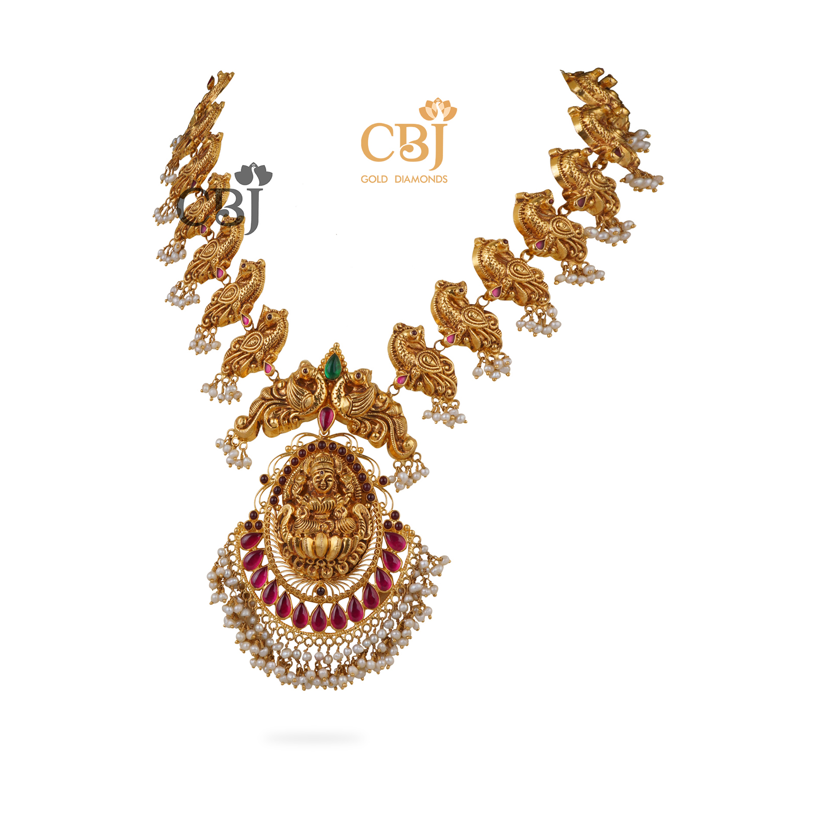 Antique light weight necklace featuring peacock motifs adorned with a bunch of micro-pearls.