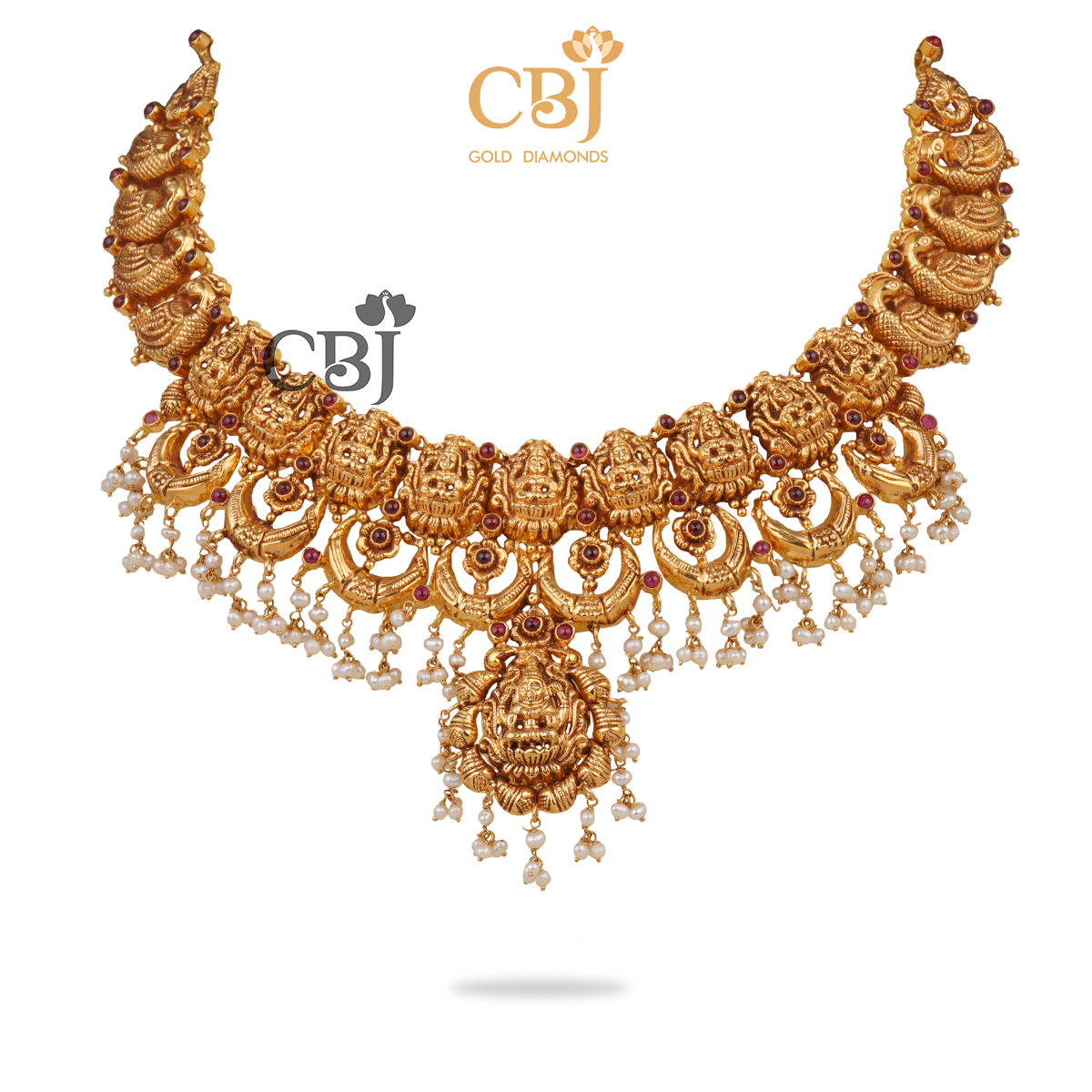 Antique light weight necklace featuring micro pearls and ruby potas.