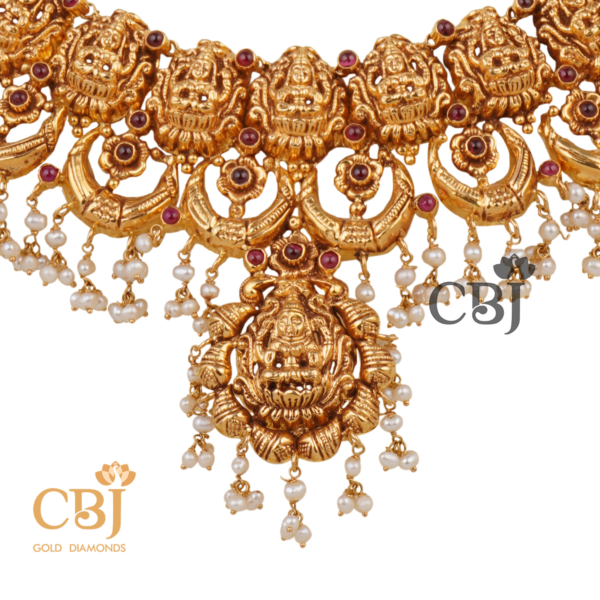 Antique light weight necklace featuring micro pearls and ruby potas.