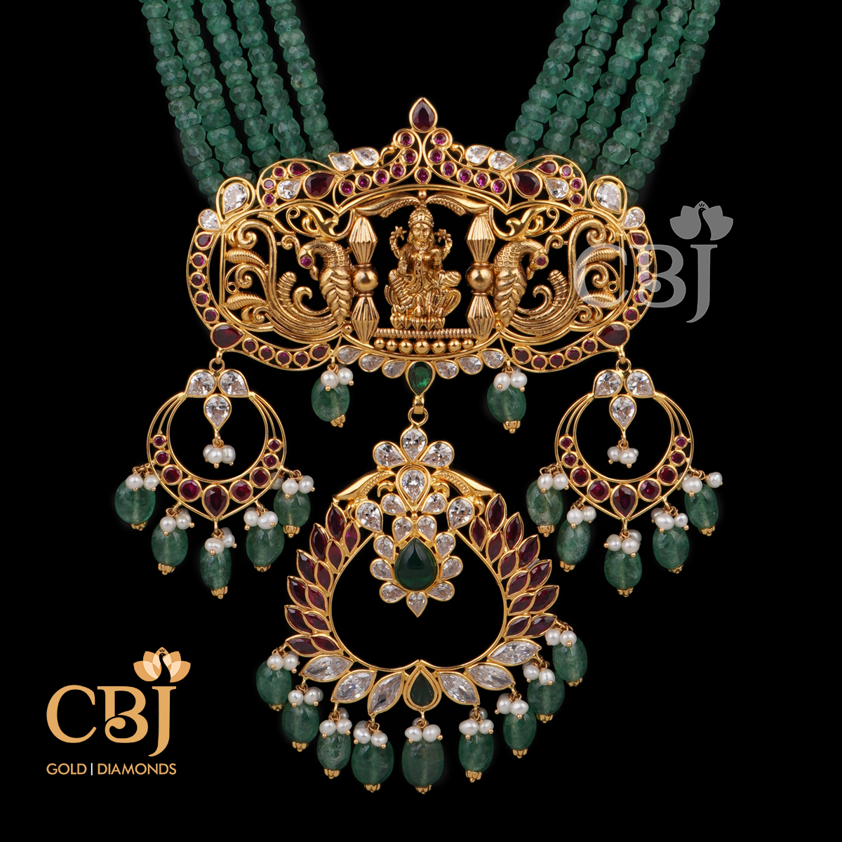 An ultra light weight beads haram featuring emerald stones.