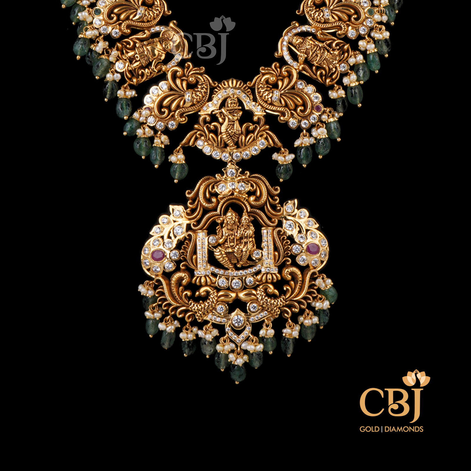 A CZ pachi Dasavataram long haram with suspended emeralds.