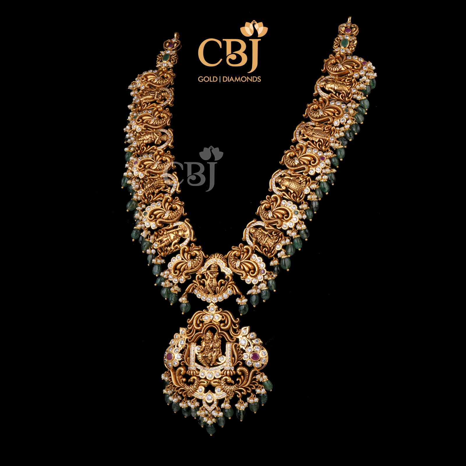 A CZ pachi Dasavataram long haram with suspended emeralds.