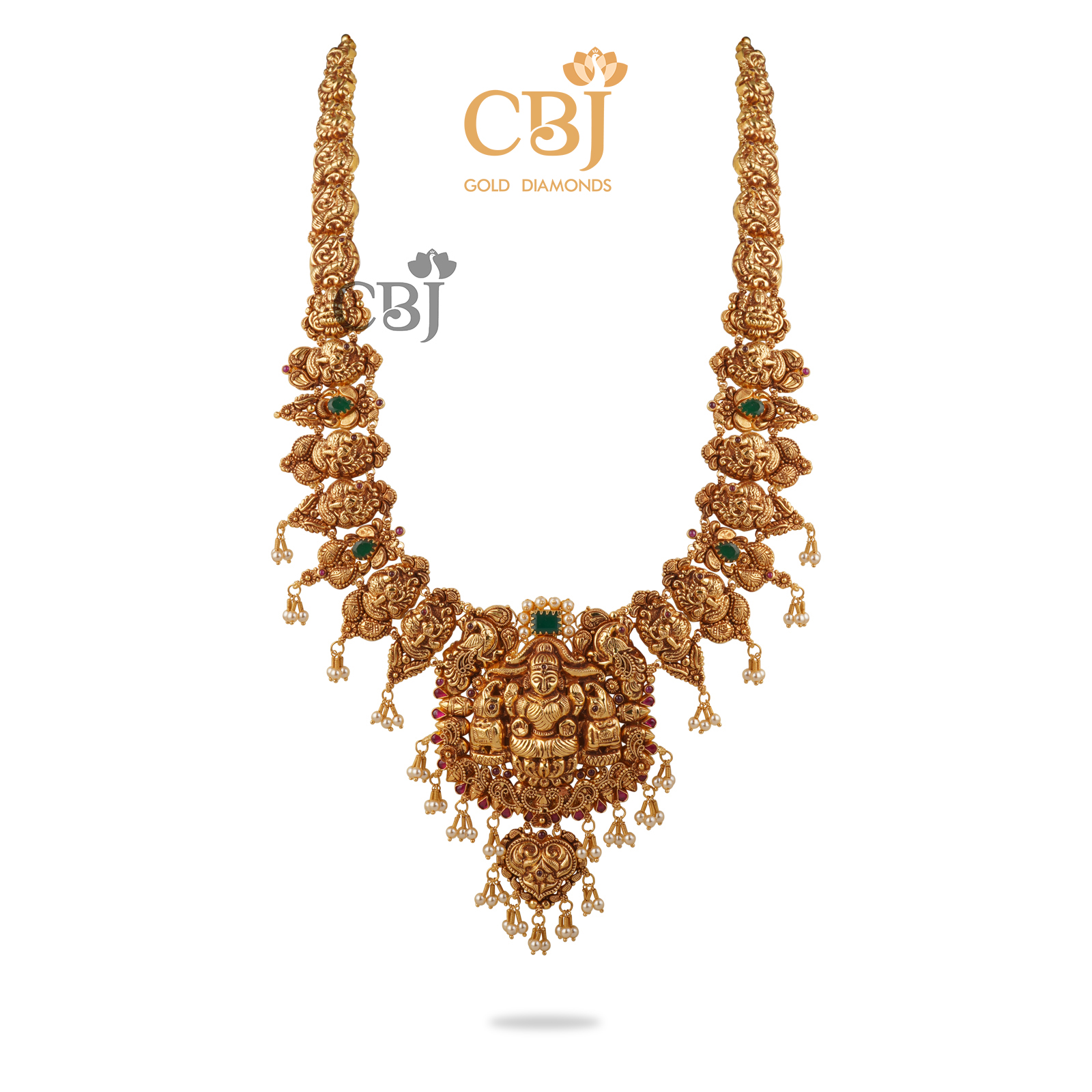 A nakashi antique U-haram featuring a Lakshmi design with suspended micro-pearls.