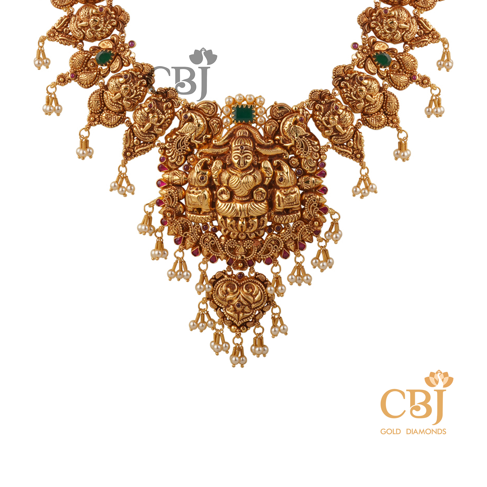 A nakashi antique U-haram featuring a Lakshmi design with suspended micro-pearls.