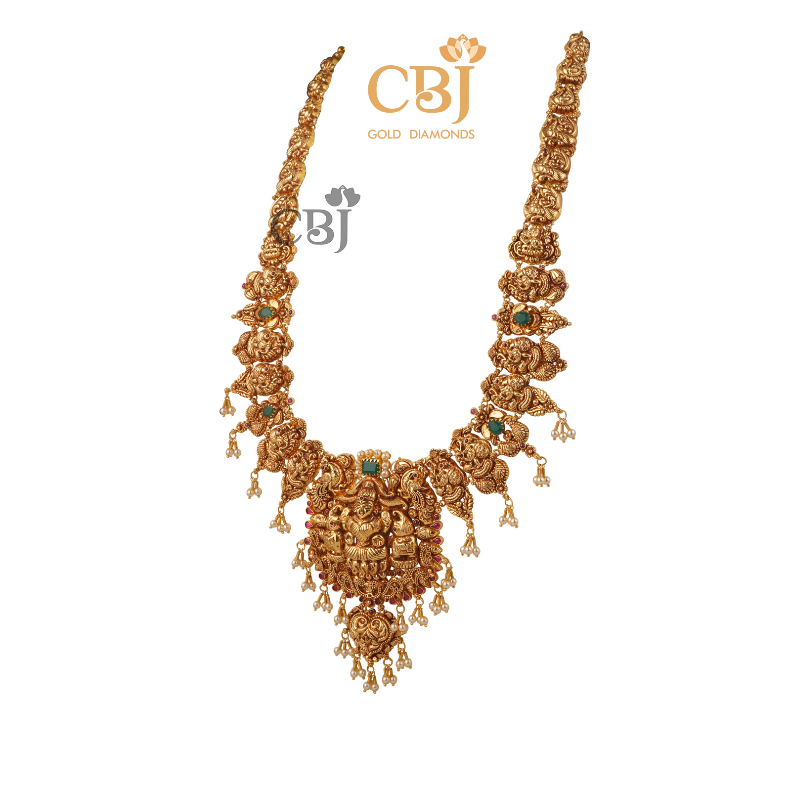 A nakashi antique U-haram featuring a Lakshmi design with suspended micro-pearls.