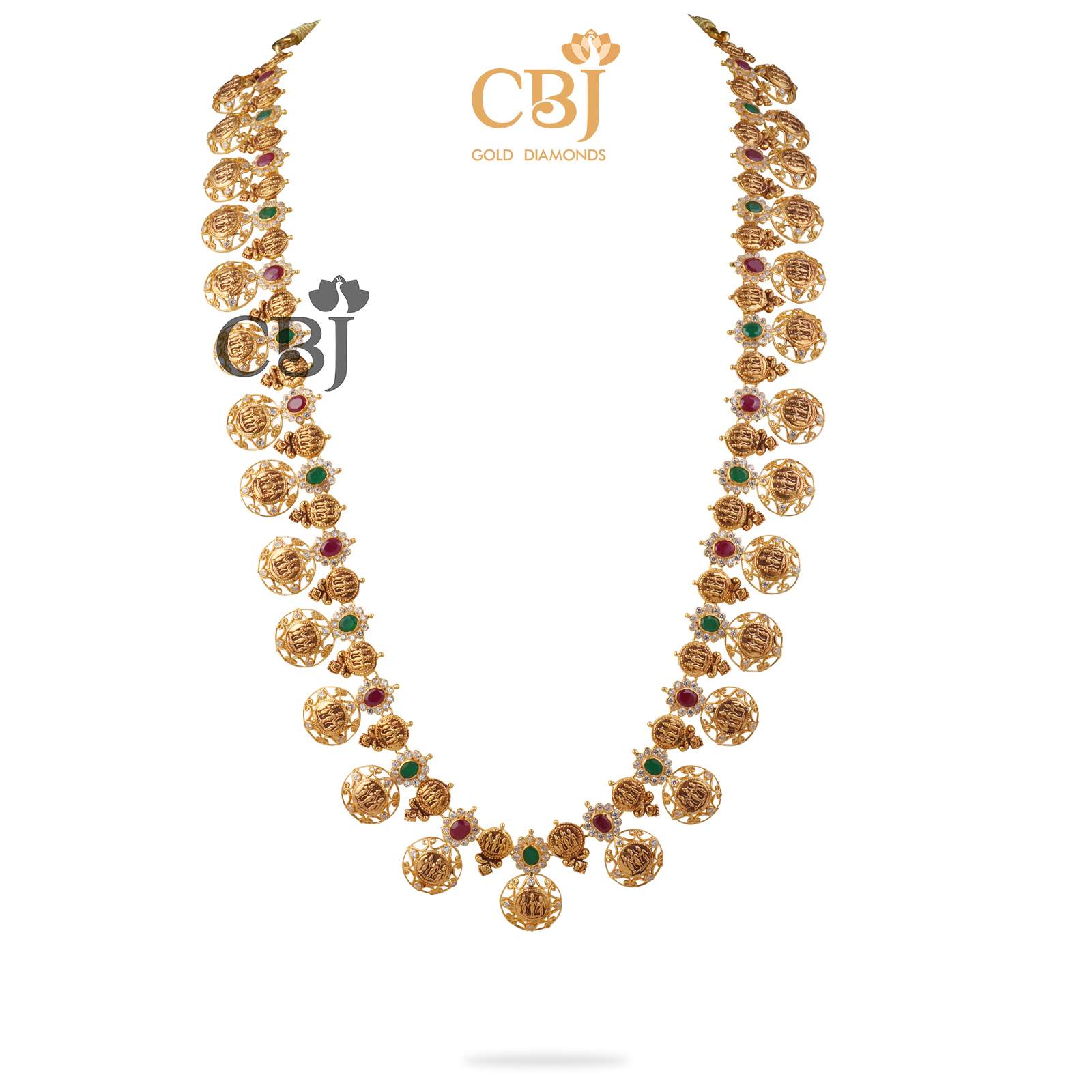 A light weight haram featuring ram kasu, rubies and emeralds in perfect alignment.