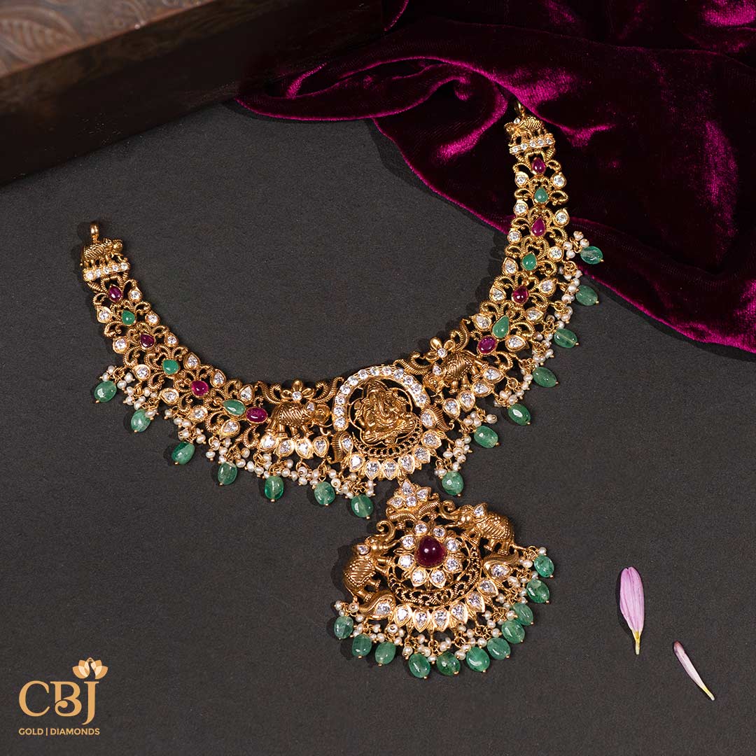 Our CZ Pachi necklace with Lord Ganesha and elephant motifs is a symbol of strength and wisdom.