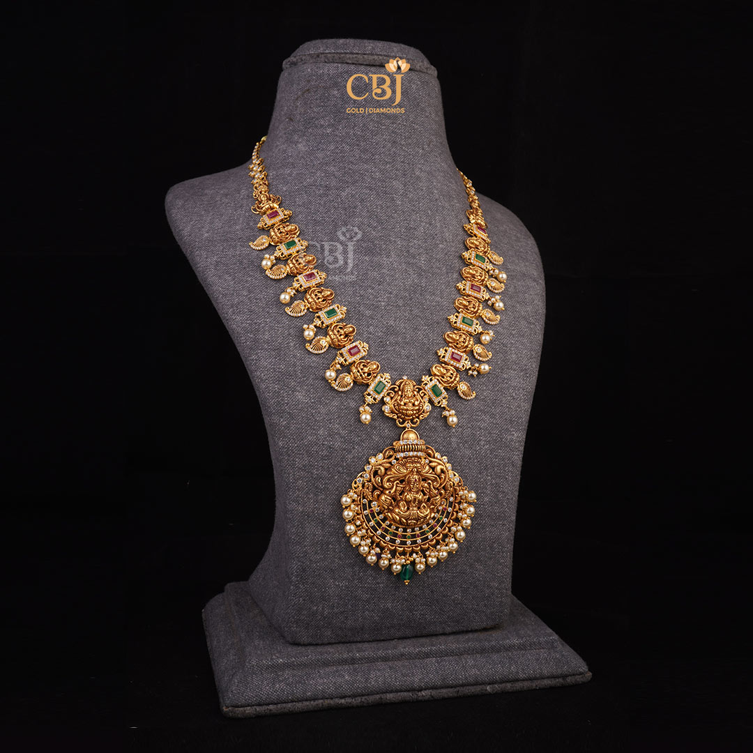 Timeless Magnificence: CZ Pachi Lakshmi Long Haram adorned with Rubies