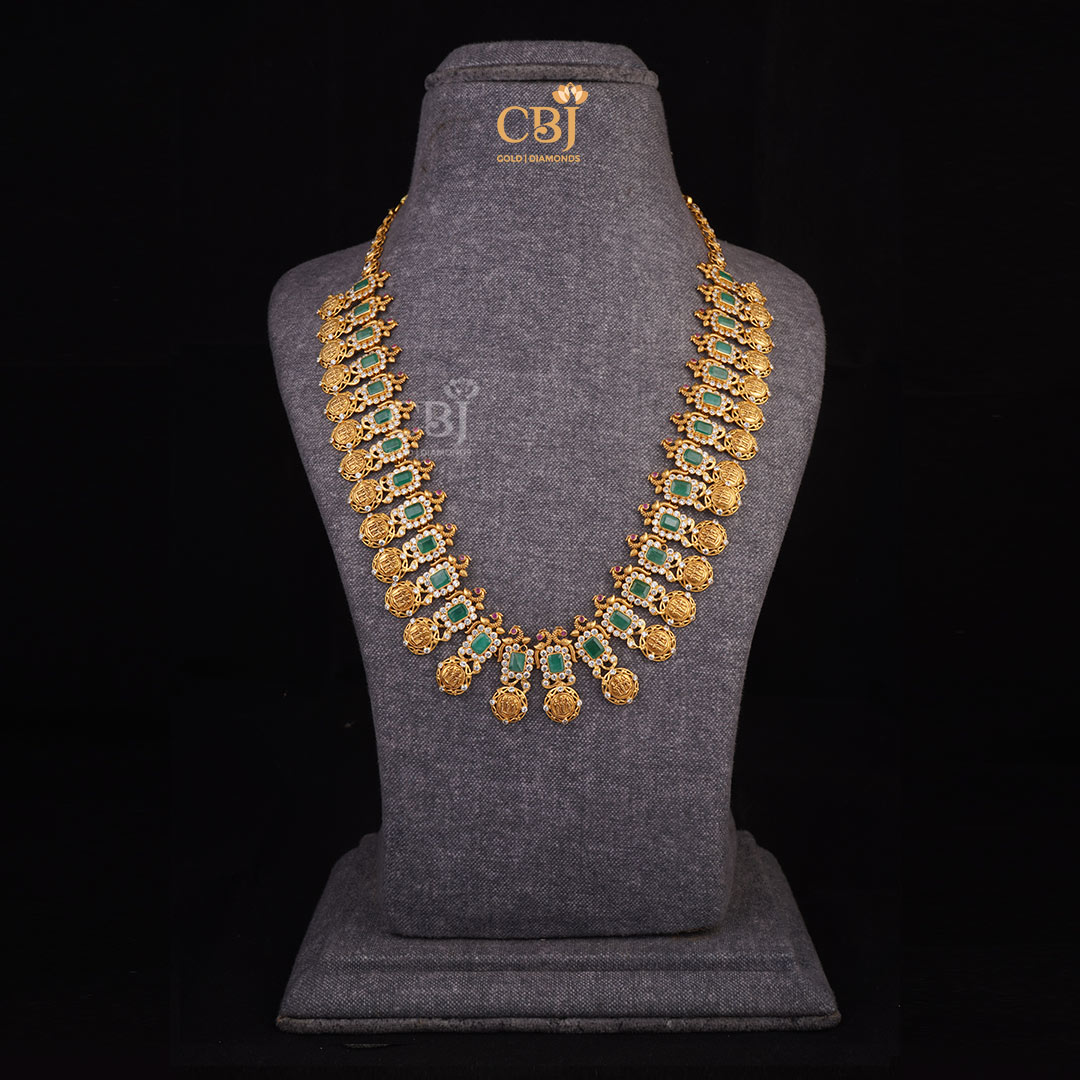 Exquisite Craftsmanship: Long CZ Pachi Kasumala adorned with Emerald Stones and Ruby Potas