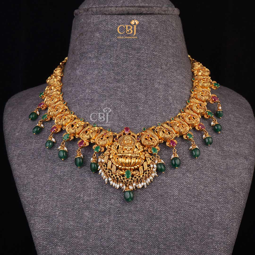 Sacred Charm: Temple Design Short Nakashi Necklace with Dazzling Emerald Stones and Delicate Micro-Pearls